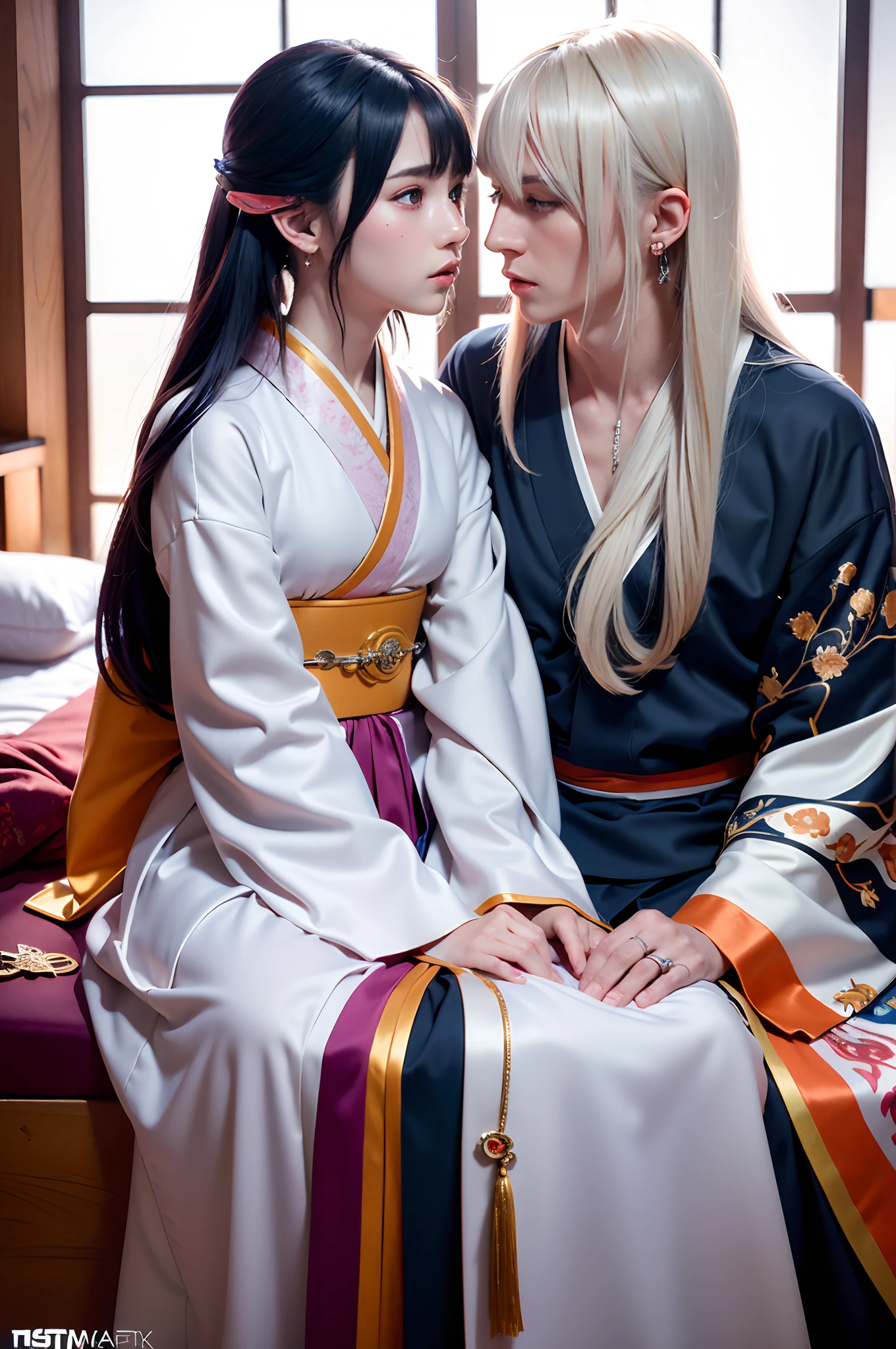 Concept Art, "1 Couple, Male Focus, Fin Ears, Multicolored Hair, Handsome Boy, Long White Hair, Tassels, Bangs, Carp, Colorful, Bold Colors, White Kimono, (Open) Kimono, Traditional Chinese Clothing, Close-up, Intimate Interaction in Bed, Stud Earrings, Rings, Sweat, Illuminate People", Colorful, Master Composition, Focus on Key Figures, Realism, Masterpiece, Award-Standing, Best Quality, Masterpiece, Ultra Detailed, 8K, Extremely Detailed CG Unity 8k wallpaper, complex, highly detailedrealistic