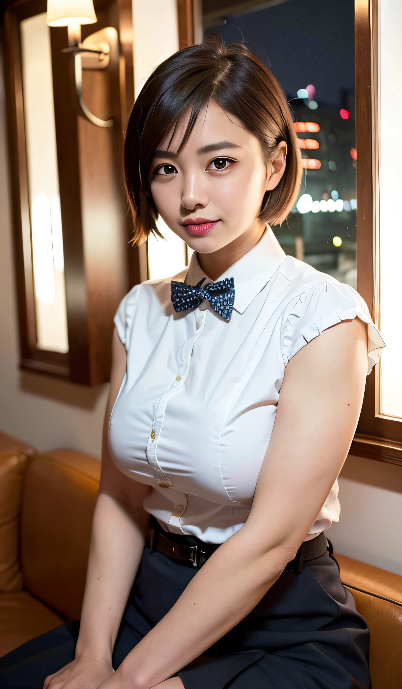 (8k, RAW photo, best quality, masterpiece:1.2), (realistic, photo-realistic:1.37), ultra-detailed,
1 girl,cute, solo,beautiful detailed sky,detailed cafe,night,sitting,dating,(nose blush),(smile:1.1),(closed mouth),large breasts, seductive smile, large aparture, professional lighting, Sony A7R4, Zessie 50mm F1.8,
medium breasts,beautiful detailed eyes,(collared shirt:1.1), bowtie,pleated skirt,(short hair:1.2),floating hair