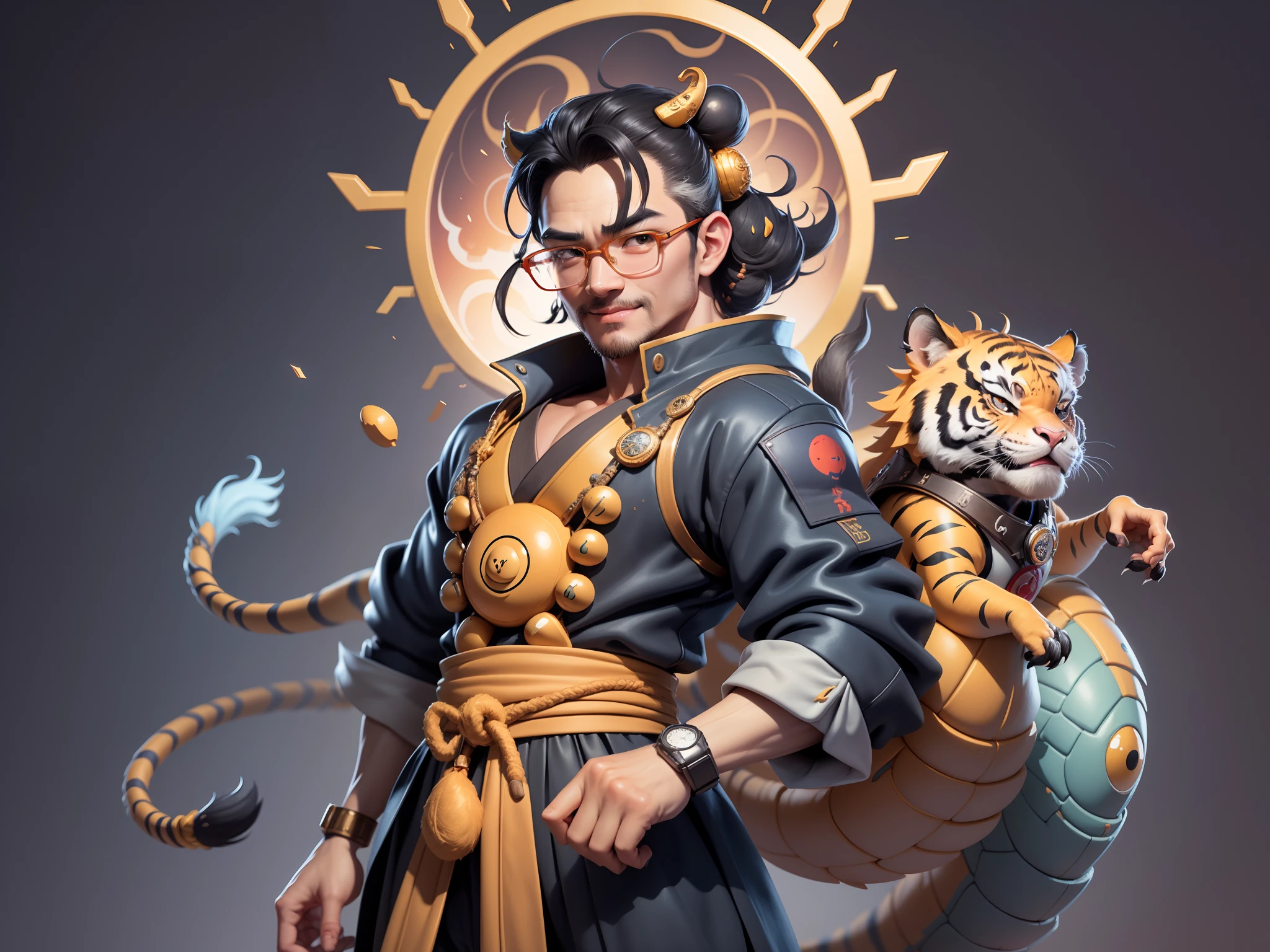 (Masterpiece), (Excellent), (Super Meticulous), (Full Body: 1.2), Super Young Man with Japanese Female Geisha, Pretty, Beautiful, Chinese Dragon, Tiger, Wind God Thor, Sexy, Bursting, Oriental Face, TV Anchor, Bust Portrait Illustration, Black Suit, Blue Tie, Slightly Chubby Face, Silver Glasses, Very Clean Face, No Beard on Chin, Black Super Short Hair, Black Eyes, Confident Smile, 3c Computer Sub-Products, iPad, iPhone, Digital Painting, 3D character design by Mark Clairedon and Pixar and Hayao Miyazaki and Akira Toriyama, the illustrations are HD illustrations in 4K resolution with highly detailed facial features and cartoon-style visuals.