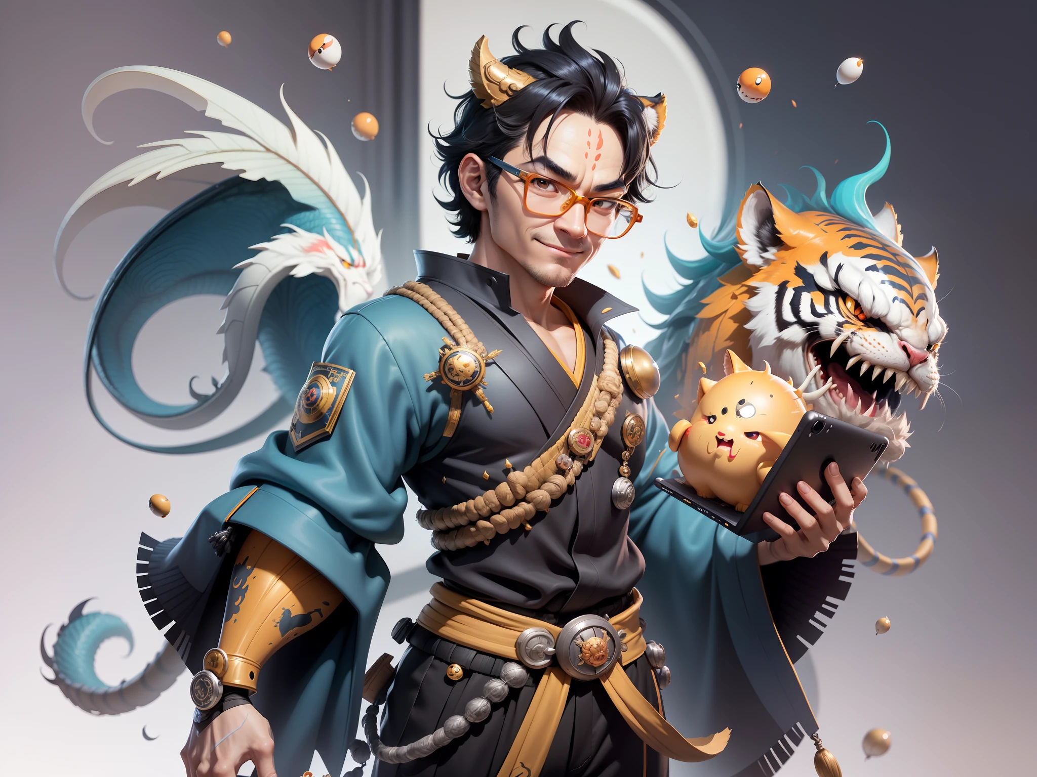 (Masterpiece), (Excellent), (Super Meticulous), (Full Body: 1.2), Super Young Man with Japanese Female Geisha, Pretty, Beautiful, Chinese Dragon, Tiger, Wind God Thor, Sexy, Bursting, Oriental Face, TV Anchor, Bust Portrait Illustration, Black Suit, Blue Tie, Slightly Chubby Face, Silver Glasses, Very Clean Face, No Beard on Chin, Black Super Short Hair, Black Eyes, Confident Smile, 3c Computer Sub-Products, iPad, iPhone, Digital Painting, 3D character design by Mark Clairedon and Pixar and Hayao Miyazaki and Akira Toriyama, the illustrations are HD illustrations in 4K resolution with highly detailed facial features and cartoon-style visuals.
