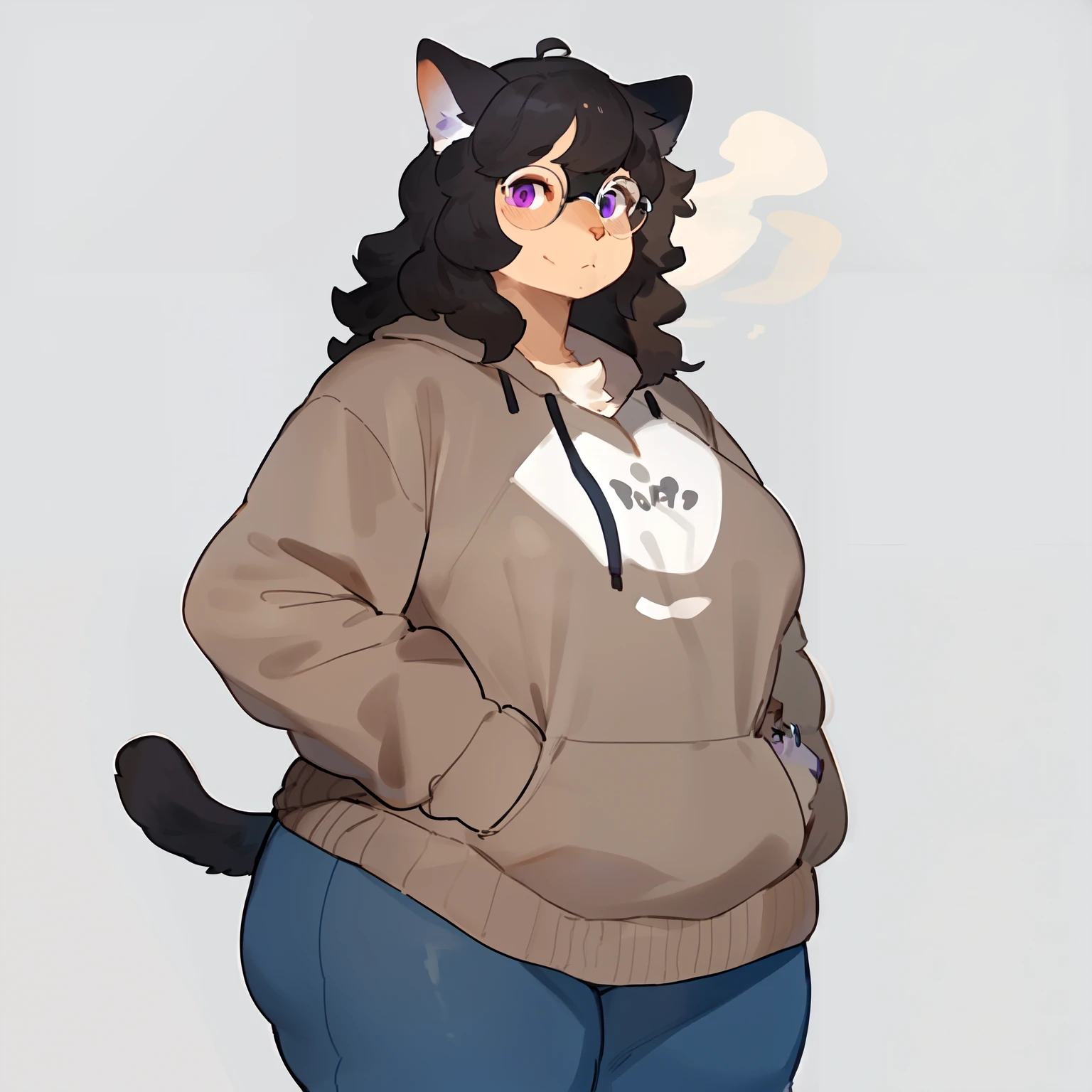 (((by bebebebebe))), solo, female, standing, feline, (((detailed eyes, glasses))), thick thighs, thicc, plump, medium hair, ((snout)), tail, smoky colored fur, brownish grey fur, black hair, ((wavy hair)), purple eyes, , ,