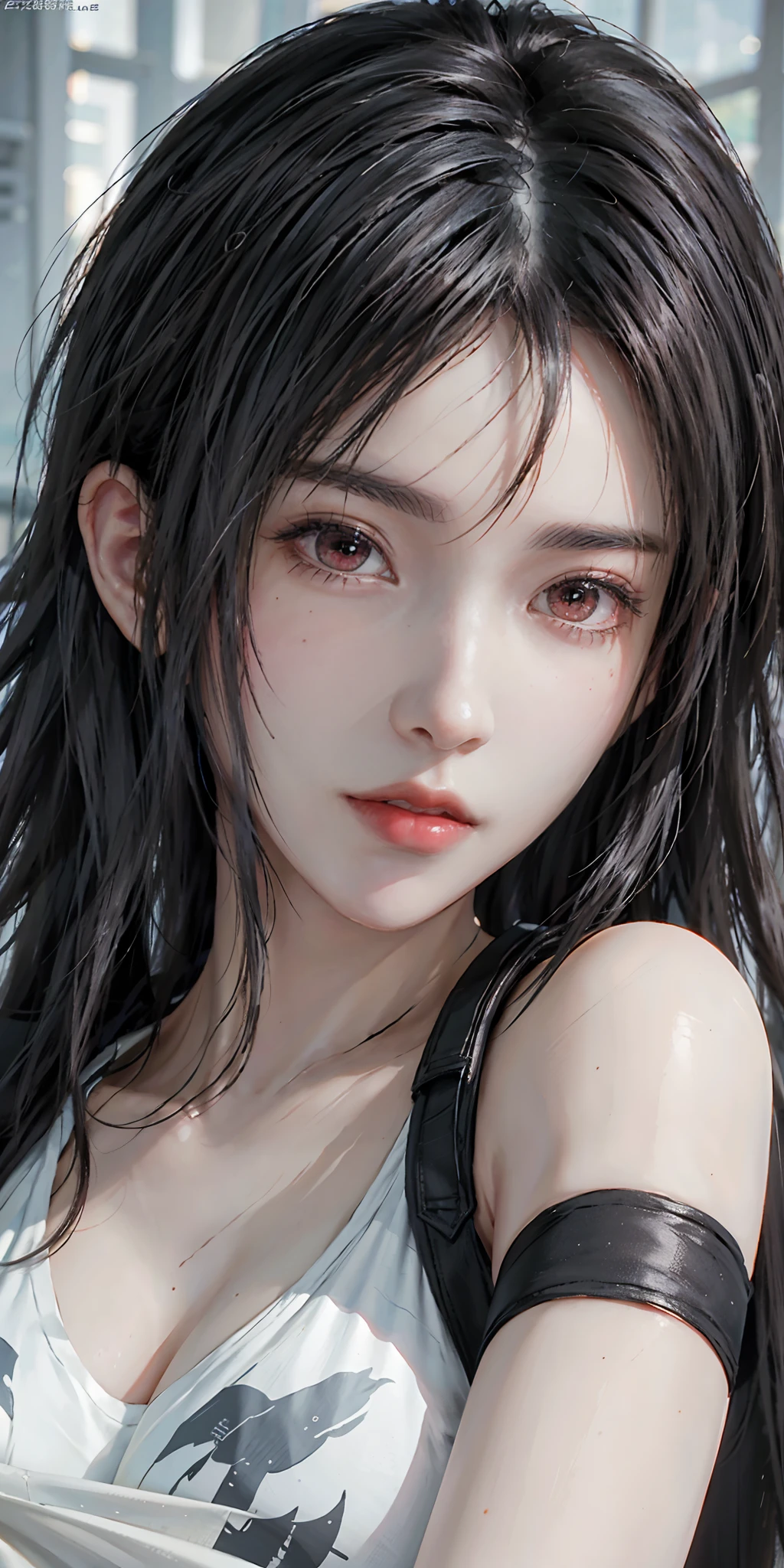 photorealistic, high resolution, soft light,1women, solo, hips up, (detailed face),tattoo, jewelry, tifa lockhart, red_eyes, black hair, long hair
