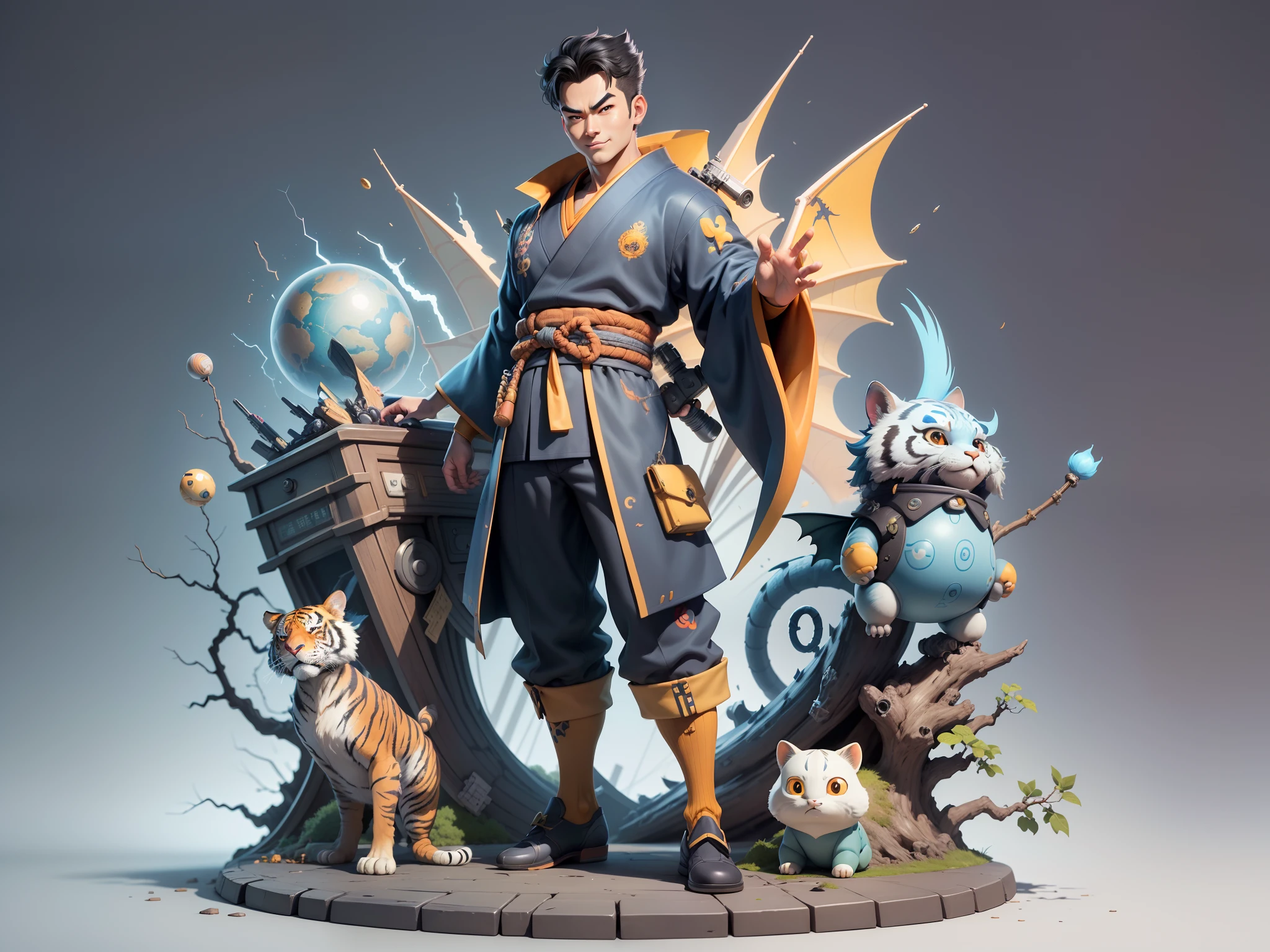 (Masterpiece), (Excellent), (Super Meticulous), (Full Body: 1.2), Super Young Man, Oriental Face, Japanese Kimono, Japanese Wind Thunder God, Dragon, Tiger, TV Anchor, Bust Portrait Illustration, Alone, Black Suit, Blue Tie, Slightly Chubby Face, Very Clean Face, No Beard, Black Super Short Hair, Black Eyes, Confident Smile, 3c Computer Sub-Products, iPad, iPhone, Digital Painting, 3D Character Design by Akira Toriyama and Mark Claireden and Pixar and Hayao Miyazaki, The illustration is a high-definition illustration in 4K resolution with very detailed facial features and cartoon-style visuals.