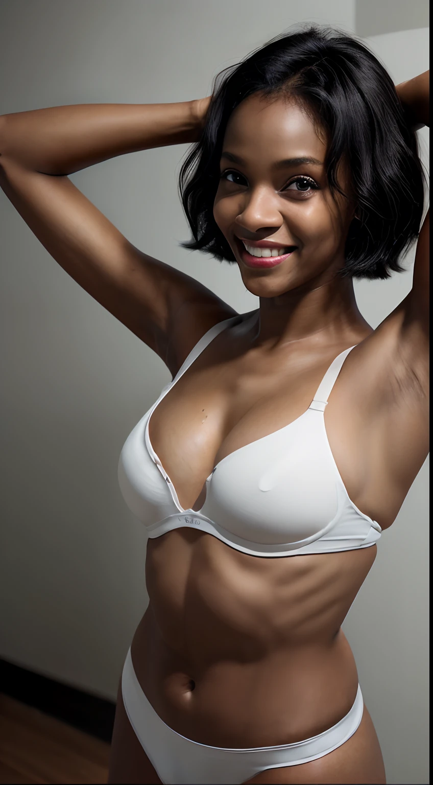 ((Show under the armpits of black skin、Black armpit、shiny blackest skin!、 Pitch black skin like a black man！、Pitch black armpit skin!、Realistic armpit wrinkles、Glossy armpits、improve the appearance of armpits、Armpit、Take a pose with armpits visible、Full body close-up、Armpit close-up、Detailed black shiny armpits、Realistic black shiny armpits、Sweaty and glowing body、Detailed armpit wrinkles、full of sweat、Black detailed black armpits、Very black skin color、Caucasian and half-very dark-skinned woman、Black skin beauty、Black skin、Glossy armpits、Stand in the woods and show your armpits、Dark-skinned woman in white underwear,  Smiling))、(Short hairstyle、Caucasian and very black dark-skinned woman、8K、Caucasians with very dark skin）、Underwear models,, White bra、White panty、, 2 0 years old、Women with the darkest skin))、Photorealistic perfect body、Armpit pose is standing normally、closeup picture, Best Quality, Armpits, Arms up, White bra、 at a forest、short-haired、Realistic, 8K、Glossy armpits、glowy skin