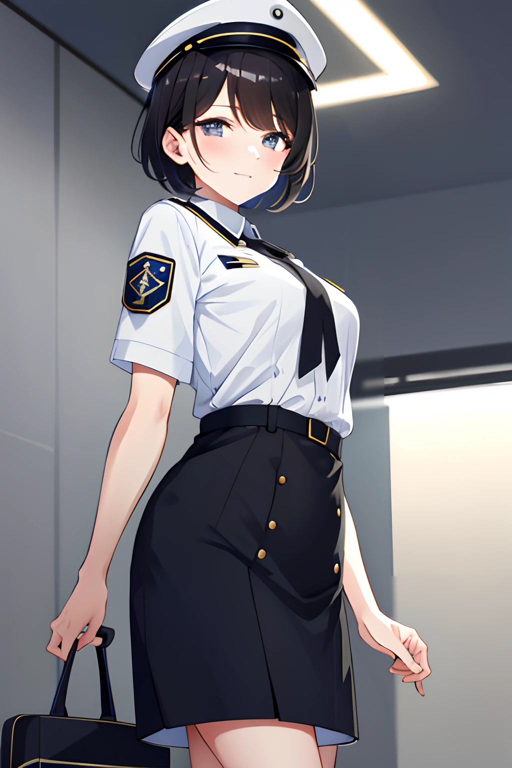 Guli Naza， hentail realism，1girll， 独奏， short detailed hair， mediuml breasts， （Split color hair， Black hair， Dark black hair： 1.3）， Black colored eyes， ssmile， standing on your feet， dynamicposes， 8K， tmasterpiece， best qualtiy， Perfect flight attendant uniform， Ladies cap，cinmatic lighting， cowboy lens， （flightattendantuniform：1.1）， （aerodrome、sobu：1.1），Street photography