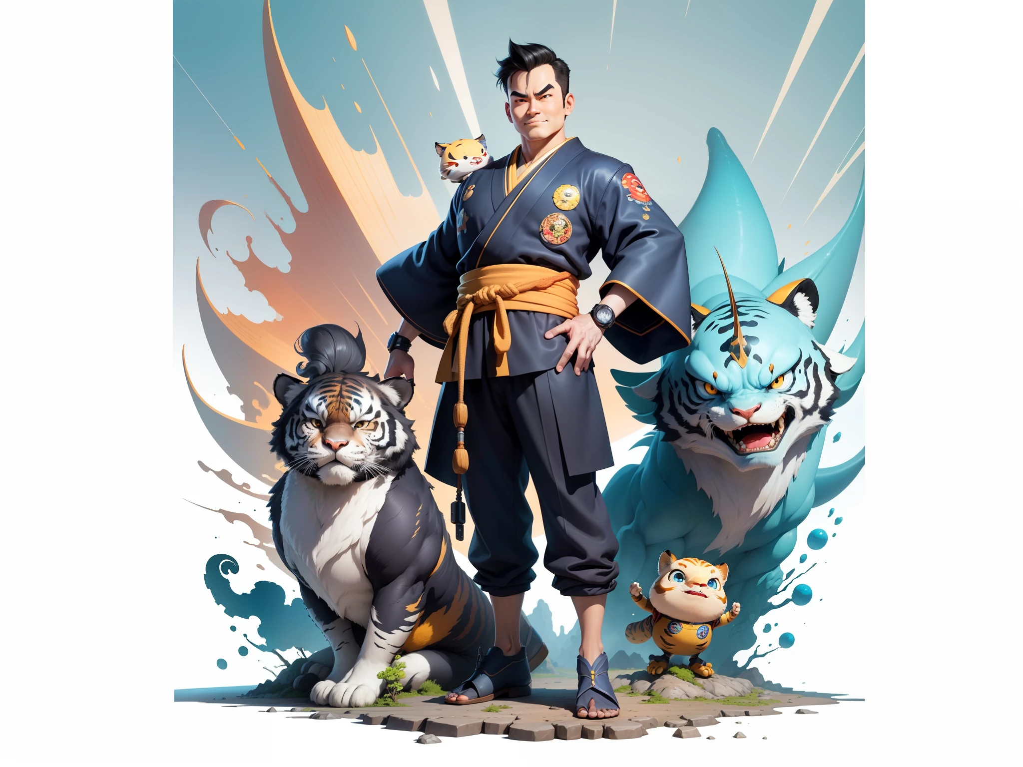 (Masterpiece), (Excellent), (Super Meticulous), (Full Body: 1.2), Super Young Man, Oriental Face, Japanese Kimono, Japanese Wind Thunder God, Dragon, Tiger, TV Anchor, Bust Portrait Illustration, Alone, Black Suit, Blue Tie, Slightly Chubby Face, Very Clean Face, No Beard, Black Super Short Hair, Black Eyes, Confident Smile, 3c Computer Sub-Products, iPad, iPhone, Digital Painting, 3D Character Design by Akira Toriyama and Mark Claireden and Pixar and Hayao Miyazaki, The illustration is a high-definition illustration in 4K resolution with very detailed facial features and cartoon-style visuals.