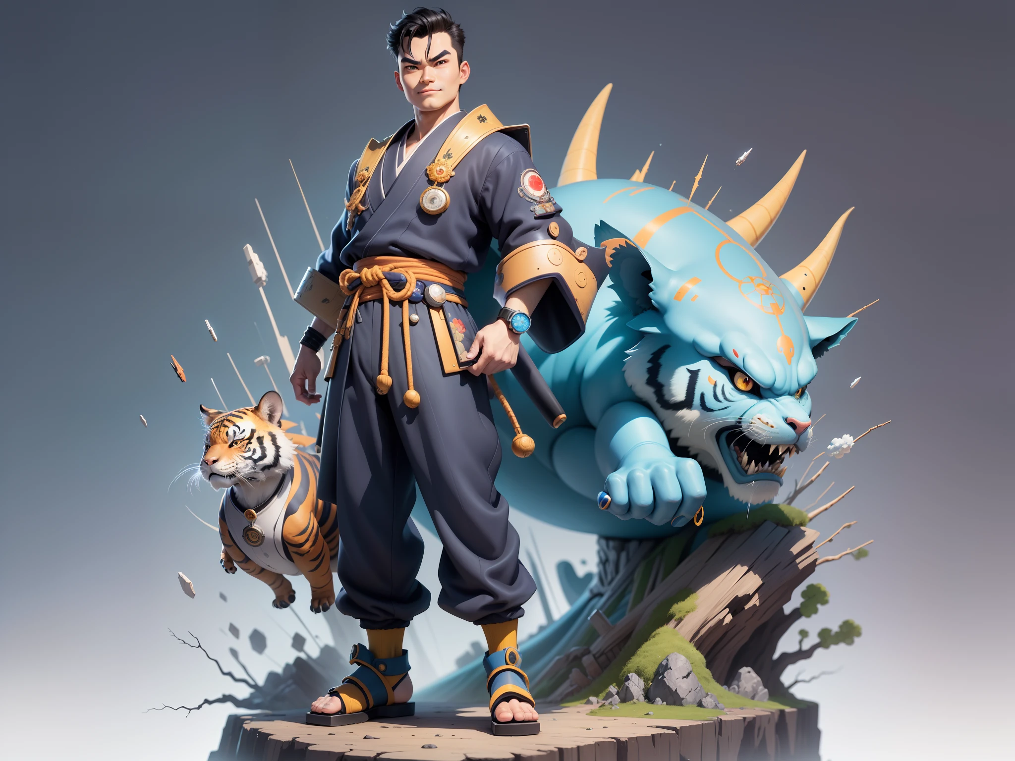 (Masterpiece), (Excellent), (Super Meticulous), (Full Body: 1.2), Super Young Man, Oriental Face, Japanese Kimono, Japanese Wind Thunder God, Dragon, Tiger, TV Anchor, Bust Portrait Illustration, Alone, Black Suit, Blue Tie, Slightly Chubby Face, Very Clean Face, No Beard, Black Super Short Hair, Black Eyes, Confident Smile, 3c Computer Sub-Products, iPad, iPhone, Digital Painting, 3D Character Design by Akira Toriyama and Mark Claireden and Pixar and Hayao Miyazaki, The illustration is a high-definition illustration in 4K resolution with very detailed facial features and cartoon-style visuals.