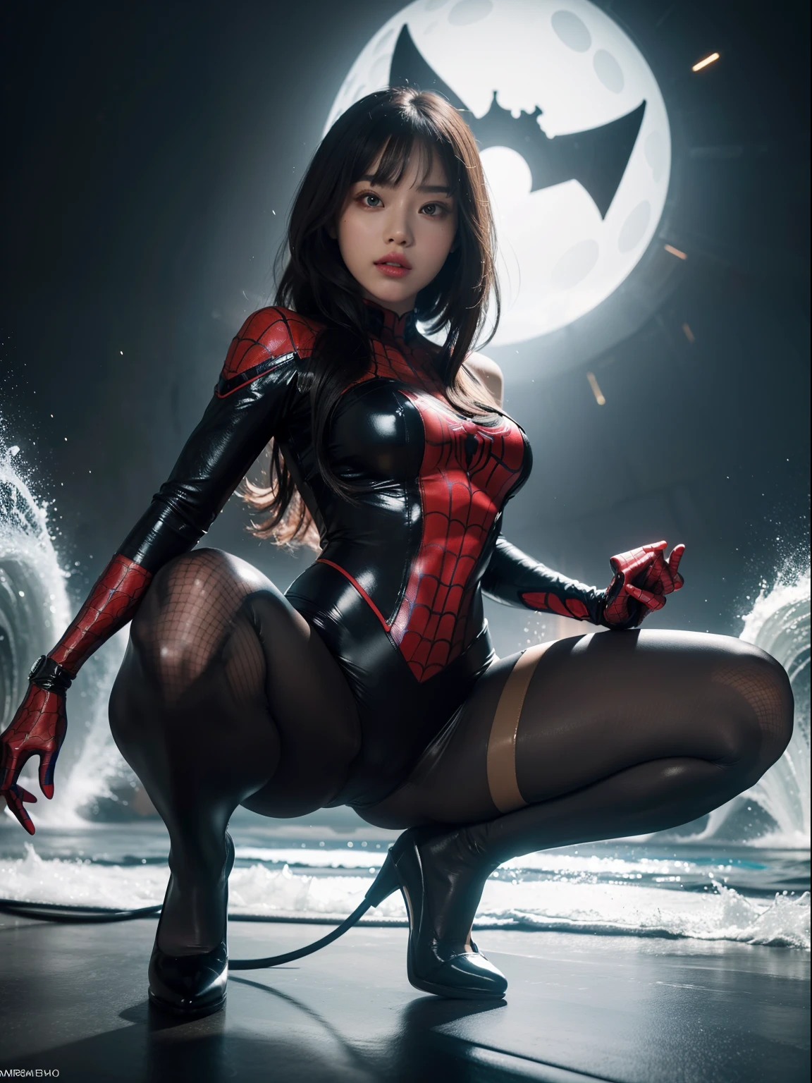 (full body:1.5),(1girl:1.3),(view the viewer:1.4),(anatomy correct:1.45),(Dance squatting under the huge waves:1.3),(very thick printed pantyhose:1.4),( Chinese woman Wear printed fantasy SpiderMan tight and uniform pointed high-heeled leather shoes :1.35), (Light particle effect:1.3),(In pink | amarelo | blue colors| green color |red color | white colors| black in color| purplish color| greys| Beige| Flesh color 1.4),(Glowing eyes:1.3),(Large amplitude action: 1.3),(Accurate and perfect face:1.4),hyper HD, Ray traching, reflective light,structurally correct, Award-Awarded, high detail, lighten shade contrast, Face lighting,cinmatic lighting, tmasterpiece, super detailing, high quality, high detail, best quality, 16k,High contrast,