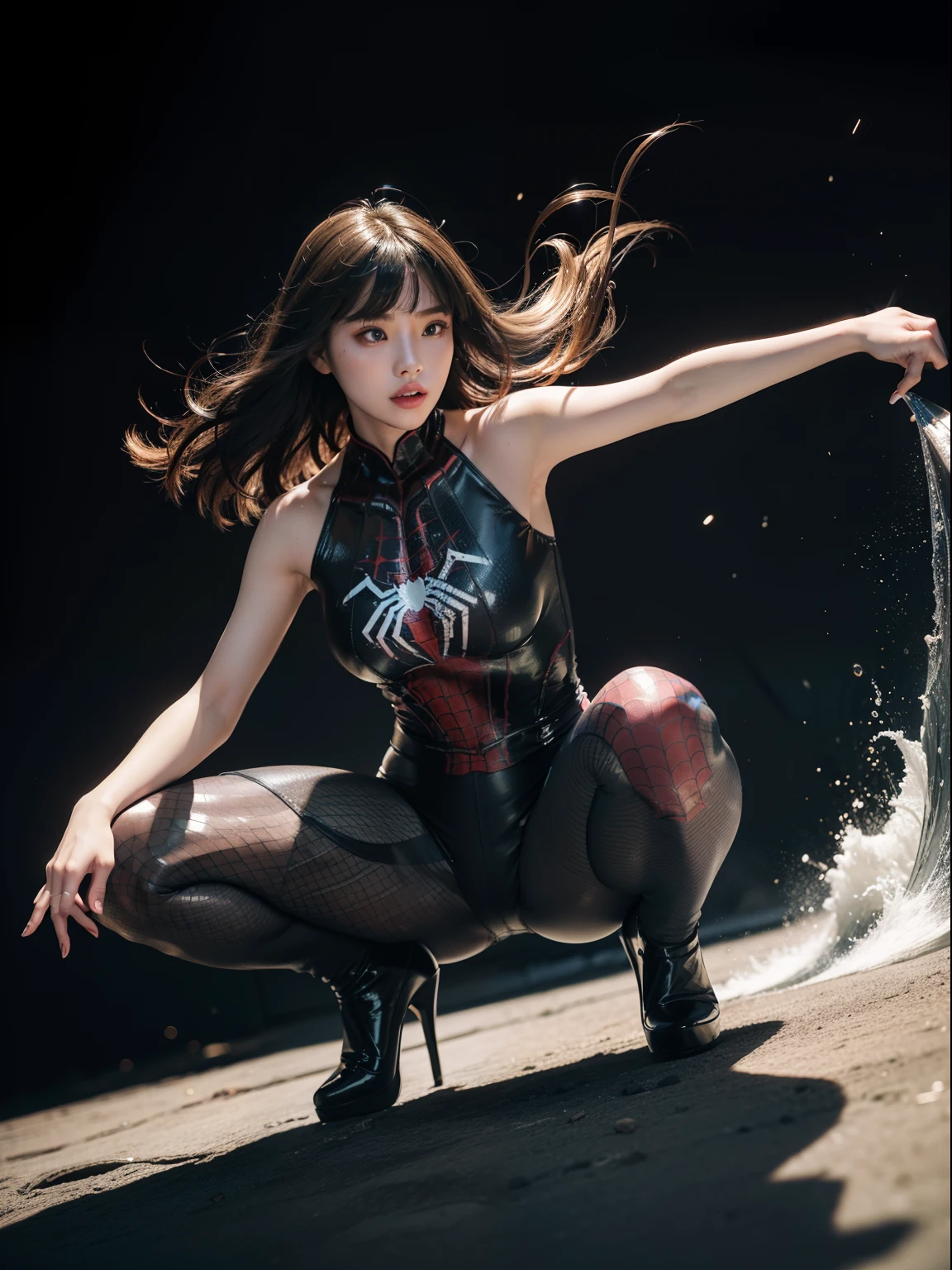 (full body:1.5),(1girl:1.3),(view the viewer:1.4),(anatomy correct:1.45),(Dance squatting under the huge waves:1.3),(very thick printed pantyhose:1.4),( Chinese woman Wear printed fantasy SpiderMan tight and uniform pointed high-heeled leather shoes :1.35), (Light particle effect:1.3),(In pink | amarelo | blue colors| green color |red color | white colors| black in color| purplish color| greys| Beige| Flesh color 1.4),(Glowing eyes:1.3),(Large amplitude action: 1.3),(Accurate and perfect face:1.4),hyper HD, Ray traching, reflective light,structurally correct, Award-Awarded, high detail, lighten shade contrast, Face lighting,cinmatic lighting, tmasterpiece, super detailing, high quality, high detail, best quality, 16k,High contrast,