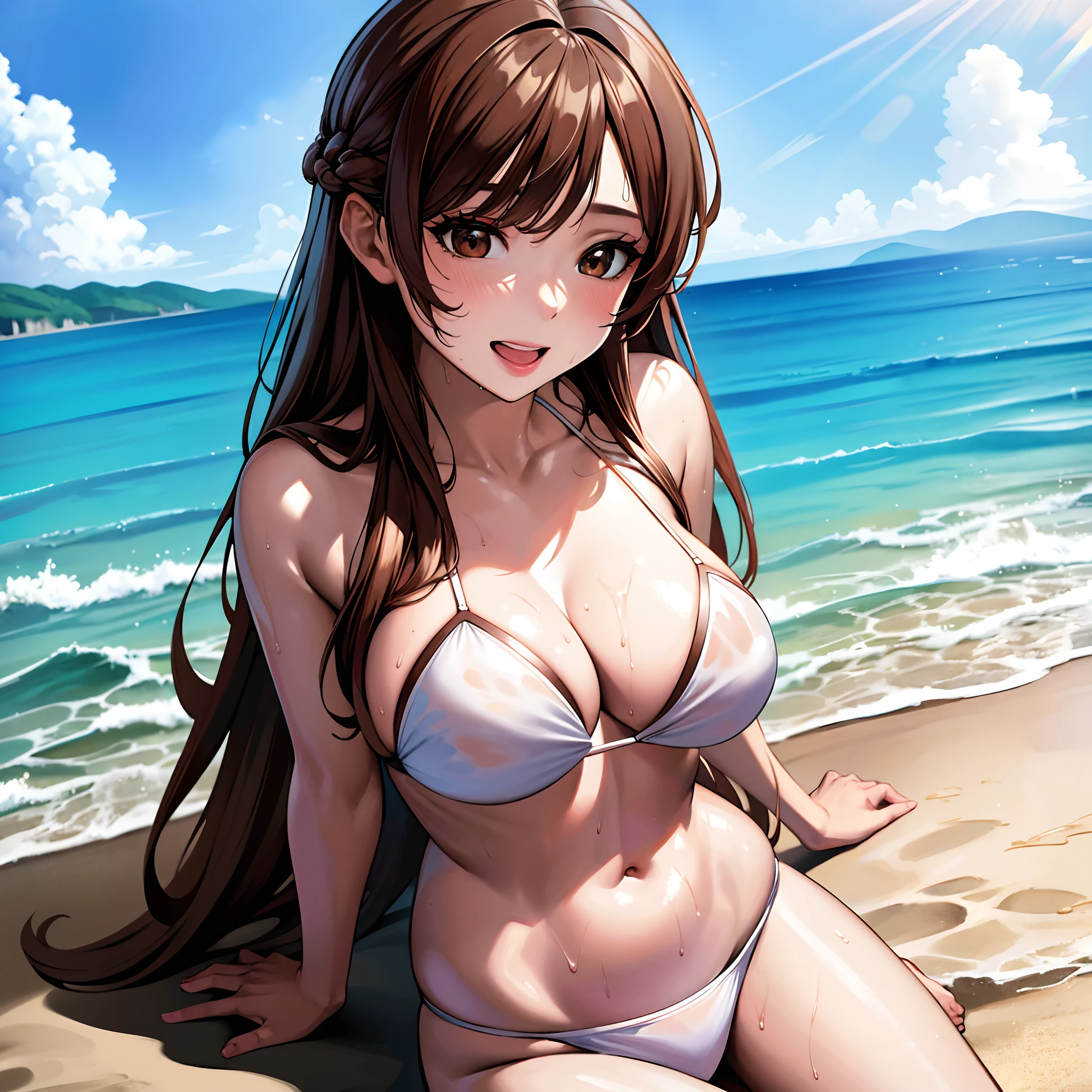 Masterpiece, Best quality, highly detailed, highres, highly detailed, one girl, long hair, brown hair, brown eyes, large breast, white bikini, outdoor, beach, side tide bikini, wet, looking at viewers, smile, open mouth,