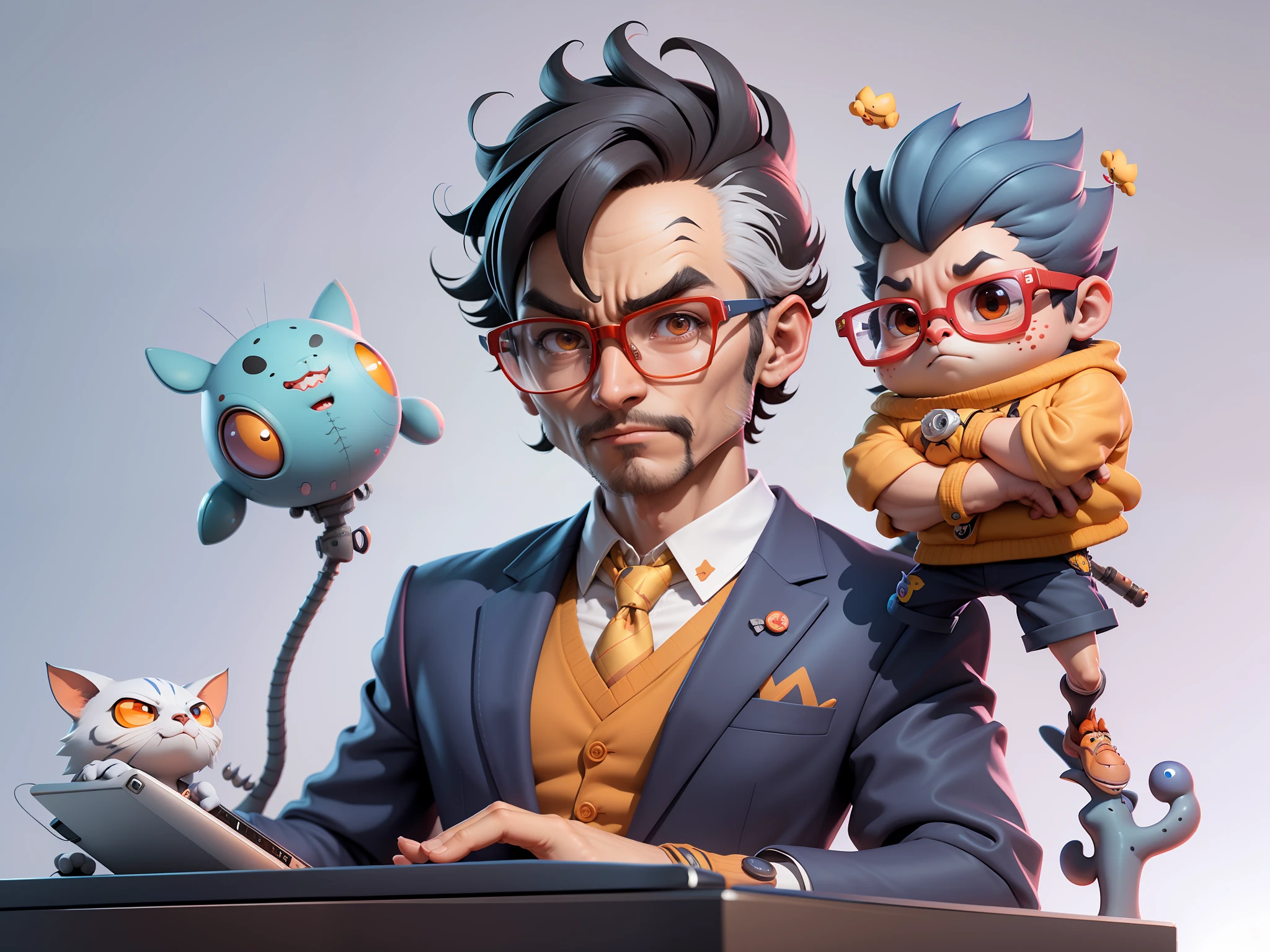 A young man in a suit, Short hair and glasses sat at his desk,holding laptop,digitial painting,tigre,3D character design by Mark Clairen and Pixar and Hayao Miyazaki and Akira Toriyama,4K HD illustration,Very detailed facial features and cartoon-style visuals。