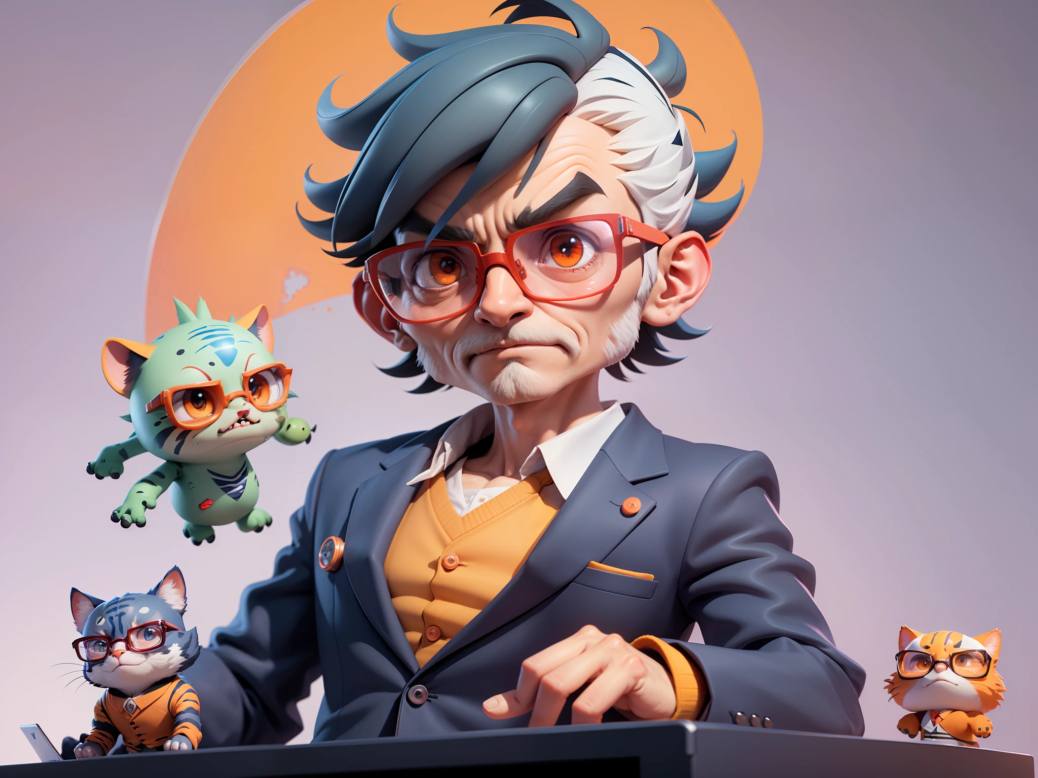 A young man in a suit, Short hair and glasses sat at his desk,holding laptop,digitial painting,tigre,3D character design by Mark Clairen and Pixar and Hayao Miyazaki and Akira Toriyama,4K HD illustration,Very detailed facial features and cartoon-style visuals。
