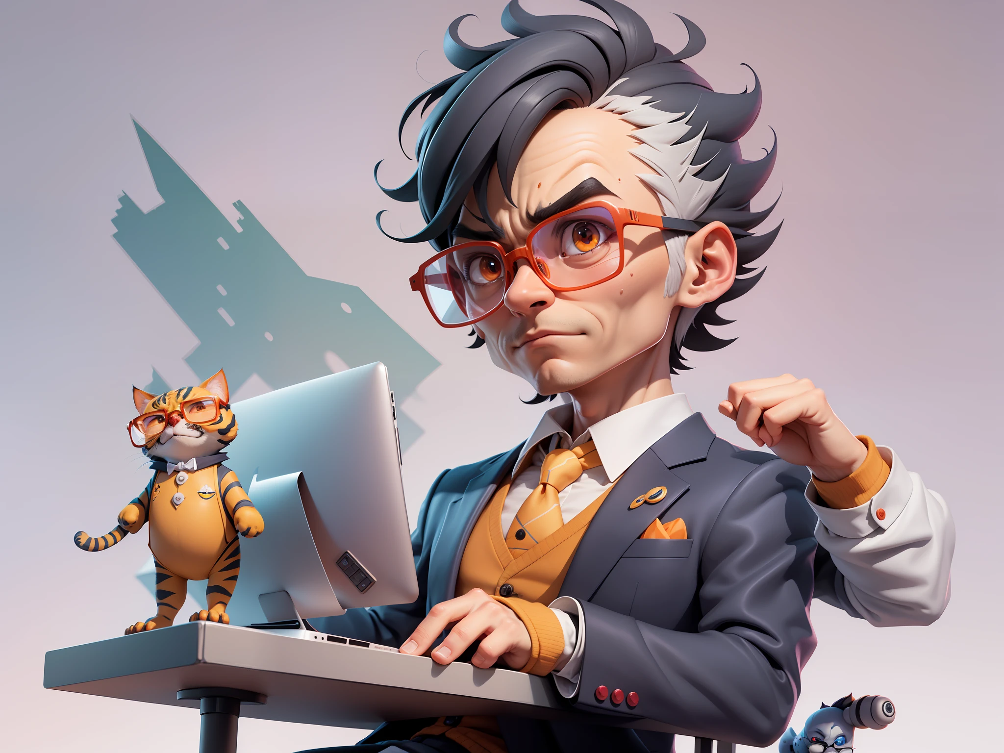 A young man in a suit, Short hair and glasses sat at his desk,holding laptop,digitial painting,tigre,3D character design by Mark Clairen and Pixar and Hayao Miyazaki and Akira Toriyama,4K HD illustration,Very detailed facial features and cartoon-style visuals。