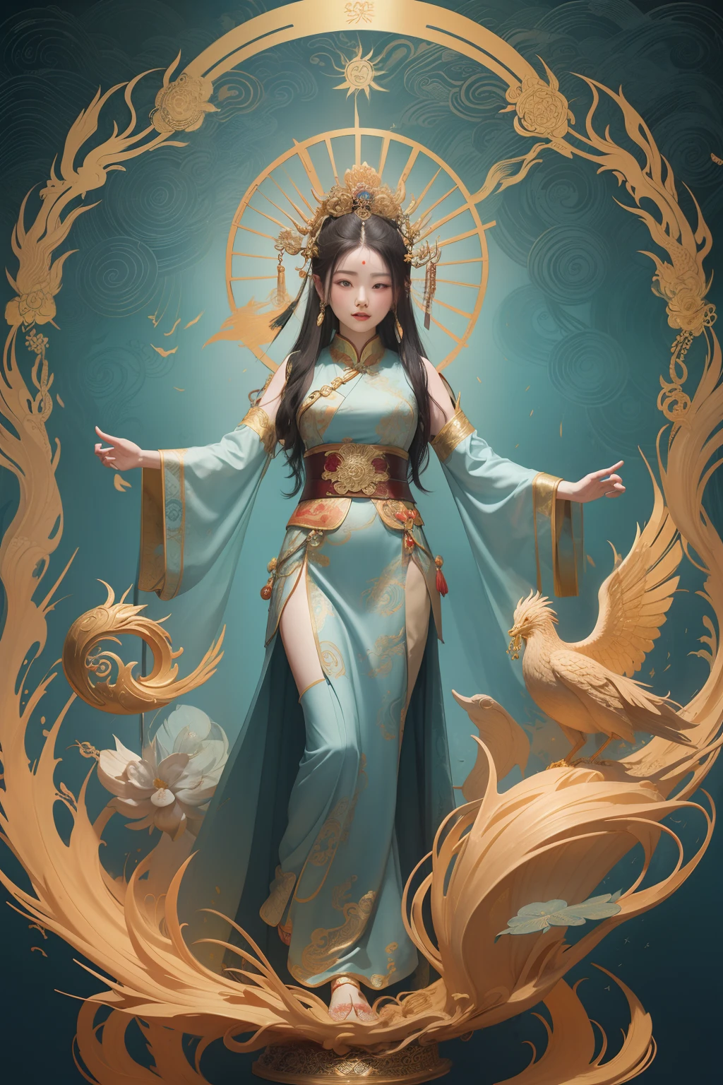 an ancient Chinese goddess, guanyin of the southern seas, Guanyin, Inspired by China, Avalokiteshvara rides a phoenix,,Serene expression,shui mo hua,Buddha,Buddhist,Lotus,Chinese painting style,Thangka style