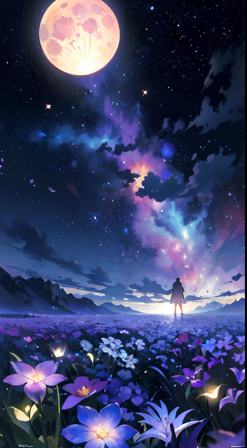 expansive landscape photograph , (a view from below that shows sky above and open field below), a girl standing on flower field looking up, (full moon:1.2), ( shooting stars:0.9), (nebula:1.3), distant mountain, tree BREAK production art, (warm light source:1.2), (Firefly:1.2), lamp, lot of purple and orange, intricate details, volumetric lighting BREAK (masterpiece:1.2), (best quality), 4k, ultra-detailed, (dynamic composition:1.4), highly detailed, colorful details,( iridescent colors:1.2), (glowing lighting, atmospheric lighting), dreamy, magical, (solo:1.2),watercolor
