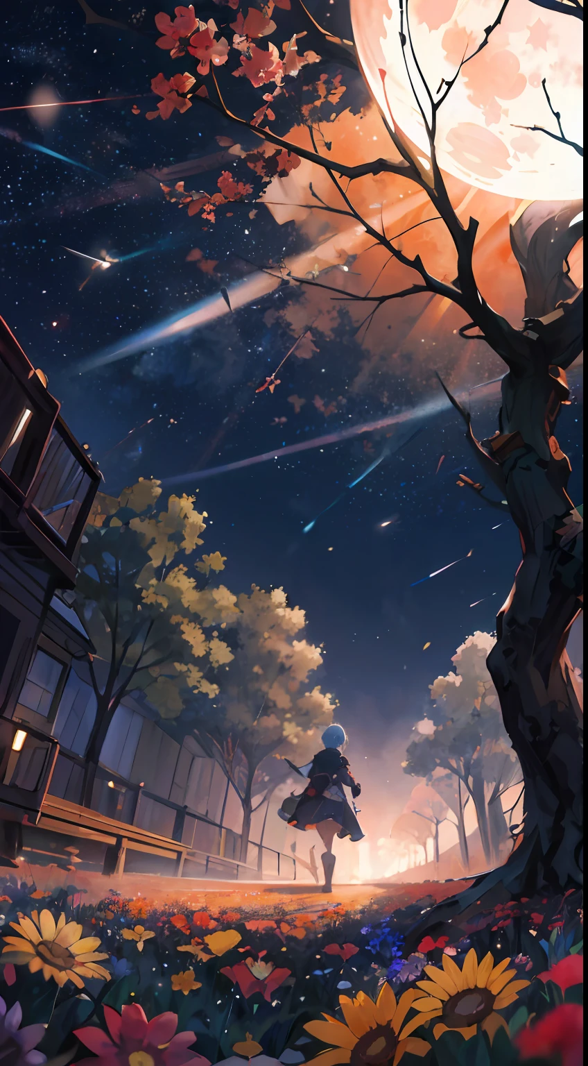 Expansive landscape photograph , (View from below,Displays the sky above and the clearing below), a girl standing on flower field looking up, (full moon:1.2), ( meteors:0.9), (Starcloud:1.3), Far Mountain, Tree BREAK Production Art, (Warm light source:1.2), (Firefly:1.2), lamp lights, lots of purples and oranges, Intricate details, Volumetric lighting BREAK (Masterpiece:1.2), (Best quality), 4K, Ultra-detailed, (Dynamic composition:1.4), Highly detailed, Colorful details,( Iridescent colors:1.2), (luminouslighting, Atmospheric lighting), Dreamy, magical, (Solo:1.2),aquarelle