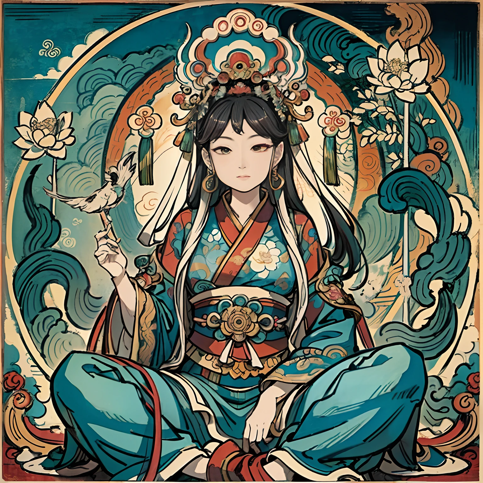 an ancient Chinese goddess, guanyin of the southern seas, Guanyin, Inspired by India, Avalokiteshvara rides a phoenix，,Serene expression,shui mo hua,Buddha,Buddhist,Lotus,Chinese painting style,Thangka style
