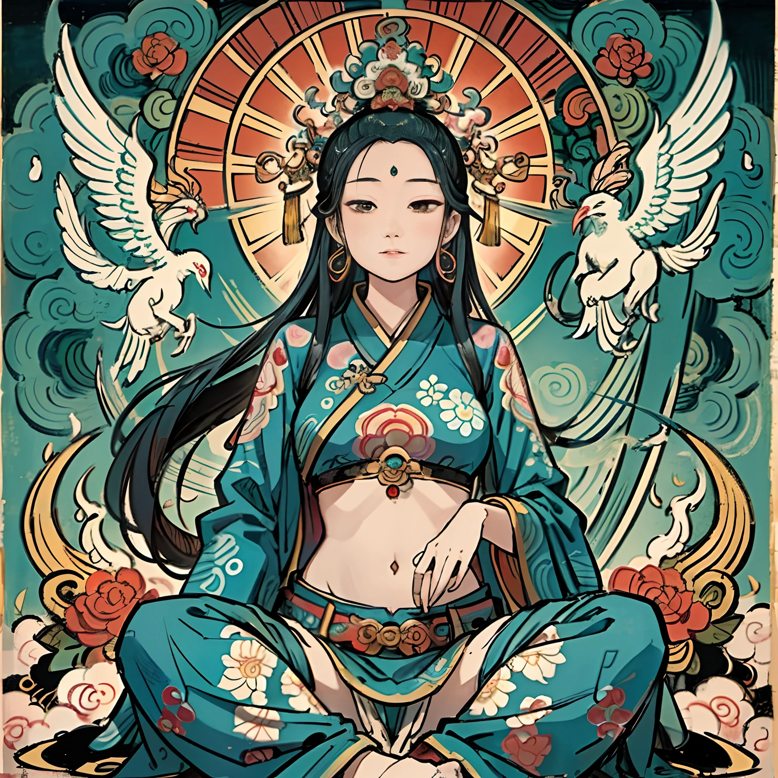 an ancient Chinese goddess, guanyin of the southern seas, Guanyin, Inspired by India, Avalokiteshvara rides a phoenix,,Serene expression,shui mo hua,Buddha,Buddhist,Lotus,Chinese painting style,Thangka style