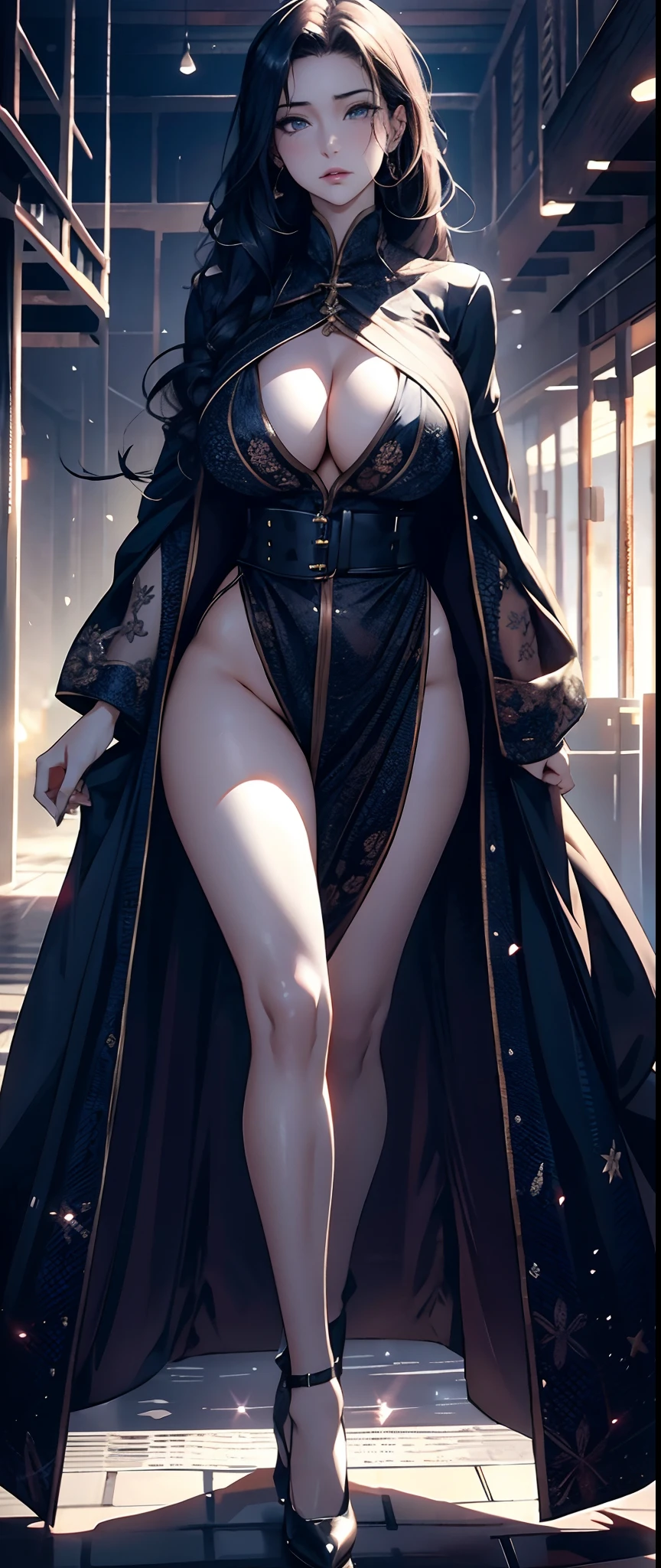 (真实感:1.4), （Full body like:1.1），1female，35yo，Huge breasts， 独奏，Wearing a blue trench coat， Pornographic exposure，（Background with：space ship），  From the front side， Wet straight hair， Sweating profusely，mostly cloudy sky，（tmasterpiece），（Very detailed CG unity 8K wallpaper），best qualtiy，cinmatic lighting，detailed back ground，beatiful detailed eyes，Bright pupils，（Very fine and beautiful），（Beautiful and detailed eye description），ultra - detailed，facing at camera，A high resolution，ultra - detailed），standing on your feet，Emotive expressions，Open-mouthed，Chest sagging，nakeness， Expose the genitals，revealing breasts，Camel toes，with no underpants，extremely large bosom，Extremely colorful，Most detailed，fully body photo，The face is well lit，tmasterpiece，Busty woman，Beautiful and charming woman face，white stockings，largeeyes，High-heeled leather shoes， Thin waist，long leges，nakeness，Raised sexy，extremely large bosom，with no underpants，Long flowing hair，Flushed complexion，mature