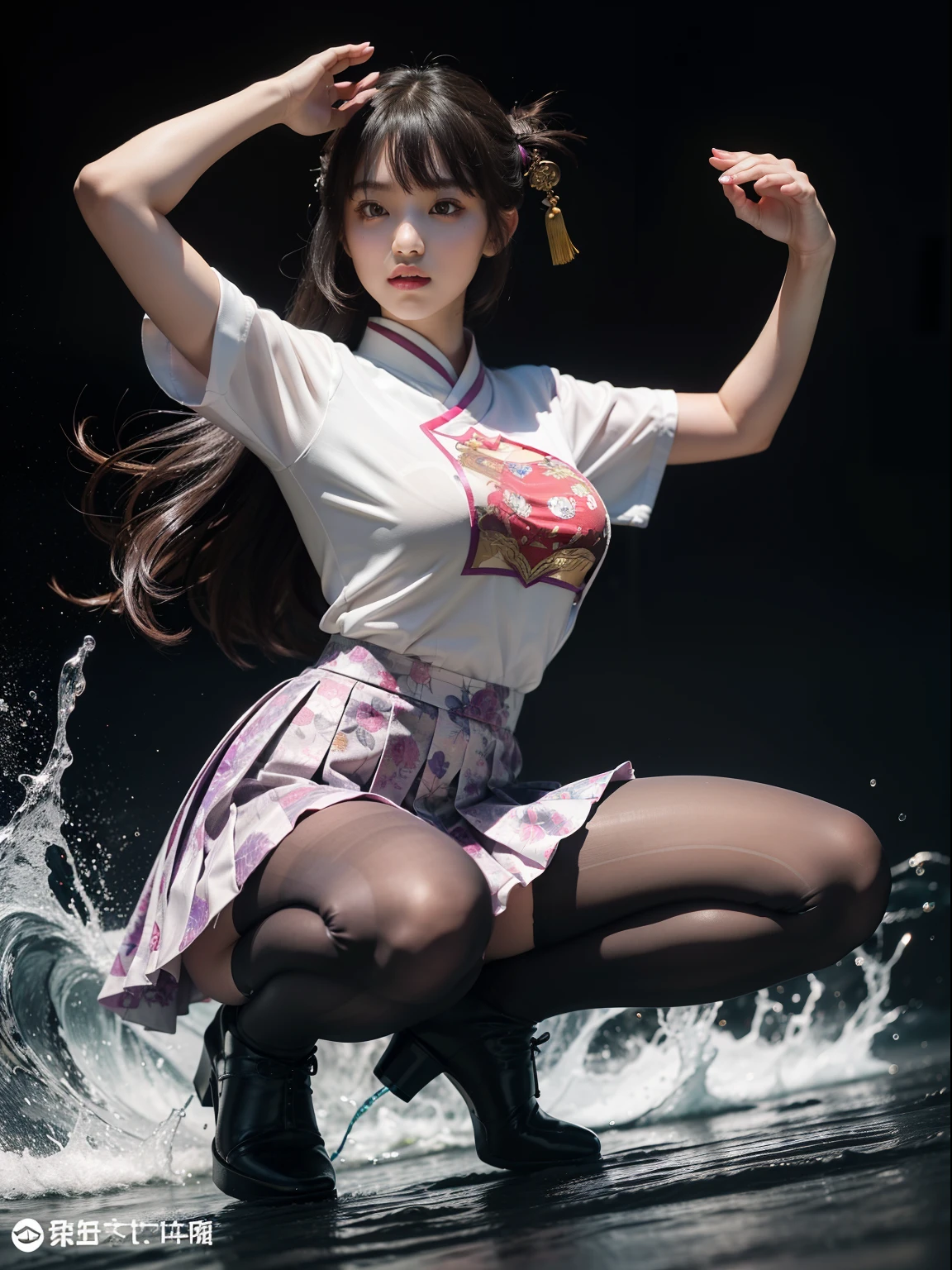 (full body:1.5)，(1girl:1.3),(view the viewer:1.4)，(anatomy correct:1.45),(Dance squatting under the huge waves:1.3),(very thick printed pantyhose:1.4),( Chinese woman Wear printed fantasy Japanese style JK student uniform pleated skirt and uniform pointed high-heeled leather shoes  :1.35), (Light particle effect:1.3),(In pink | amarelo | blue colors| green color |red color | white colors| black in color| purplish color| greys| Beige| Flesh color 1.4)，(Glowing eyes:1.3),(Large amplitude action: 1.3)，(Accurate and perfect face:1.4),hyper HD, Ray traching, reflective light，structurally correct, Award-Awarded, high detail, lighten shade contrast, Face lighting，cinmatic lighting, tmasterpiece, super detailing, high quality, high detail, best quality, 16k，High contrast,