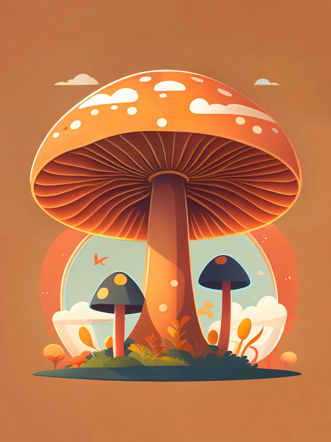 A flat mushroom in a sunny forest,There are no spots on the mushroom cap,T-shirt design,rzminjourney,vectorial art