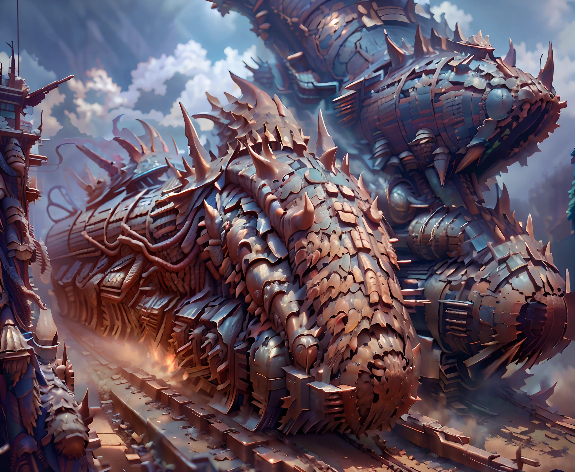 steam locomotive made of dragon parts on a backeground of clouds at high contrast sunset, 3d rendering, dreamy light, confort light, highlight bloom light, dreamy color, realistic, photographed whith a Phase One whith 16mm, detailed, front view, amazing photo advertsing light --ar 16:9-- , steam punk train, train made of dragon parts, steam punk style, medieval background, medieval background, train covered in scales, biotecnology, dragon head as the front of the train, dragon train, draconic train, dragon_like train