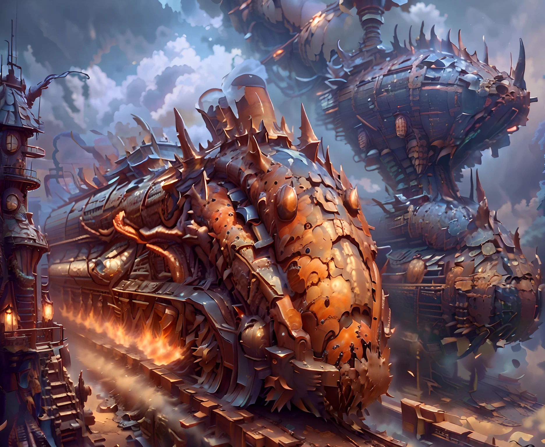 steam locomotive made of dragon parts on a backeground of clouds at high contrast sunset, 3d rendering, dreamy light, confort light, highlight bloom light, dreamy color, realistic, photographed whith a Phase One whith 16mm, detailed, front view, amazing photo advertsing light --ar 16:9-- , steam punk train, train made of dragon parts, steam punk style, medieval background, medieval background, train covered in scales, biotecnology, dragon head as the front of the train, dragon train, draconic train, dragon_like train