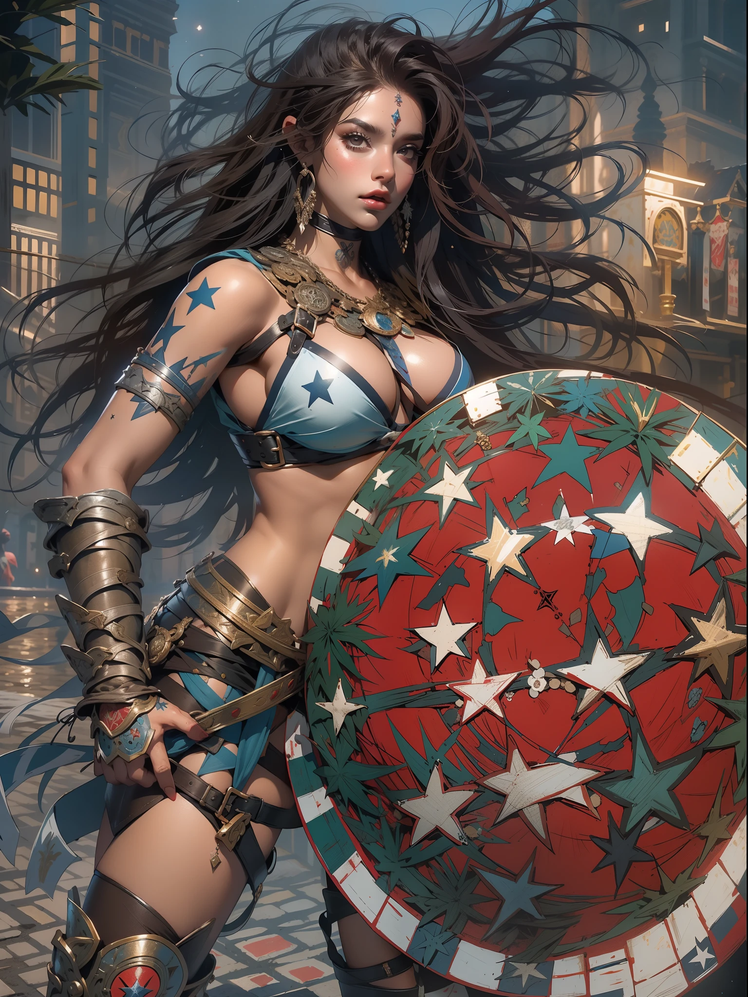 (((mulher))), (((melhor qualidade))), (((obra prima))), (((adulto))), Uma guerreira mulher de 35 anos com corpo perfeito, Gladiadores do Brooklyn, (( sob os peitos )), quase nua no estilo selvagem urbano de Simon Bisley para a capa da revista Heavy Metal, cabelo loiro, Minimum clothing, Dark blue with white stars and red and white checkerboard pattern, armadura, cheio de pontas e rebites, tatuagem tribal, (((do joelho pra cima))), cabelo desalinhado