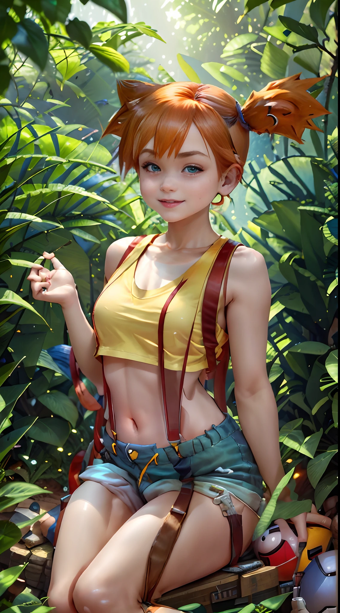 masterpiece, best quality, highres, 1girl, misty (pokemon), orange hair, solo, shorts, suspenders, side ponytail, orange hair, midriff, yellow crop top, navel, short hair, denim, denim shorts,, smile, cowboy shot, outdoors, Under Boob, small breasts, Externally expanded Chest,sitting with pokemon ball