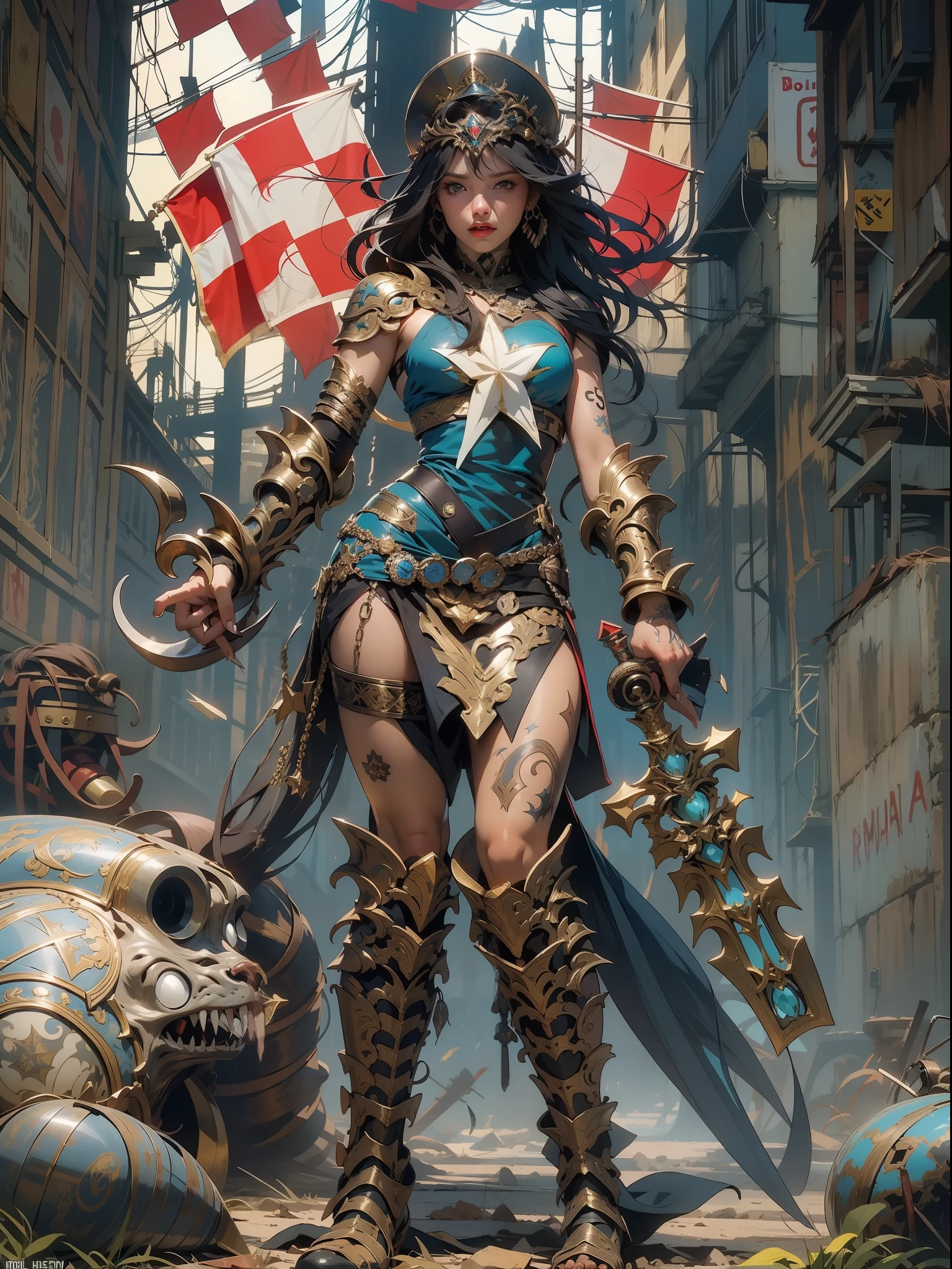 (((mulher))), (((melhor qualidade))), (((obra prima))), (((adulto))), Uma guerreira mulher de 35 anos com corpo perfeito, Gladiadores do Brooklyn, (( sob os peitos )), quase nua no estilo selvagem urbano de Simon Bisley para a capa da revista Heavy Metal, cabelo loiro, Minimum clothing, Dark blue with white stars and red and white checkerboard pattern, armadura, cheio de pontas e rebites, tatuagem tribal, (((do joelho pra cima))), cabelo desalinhado