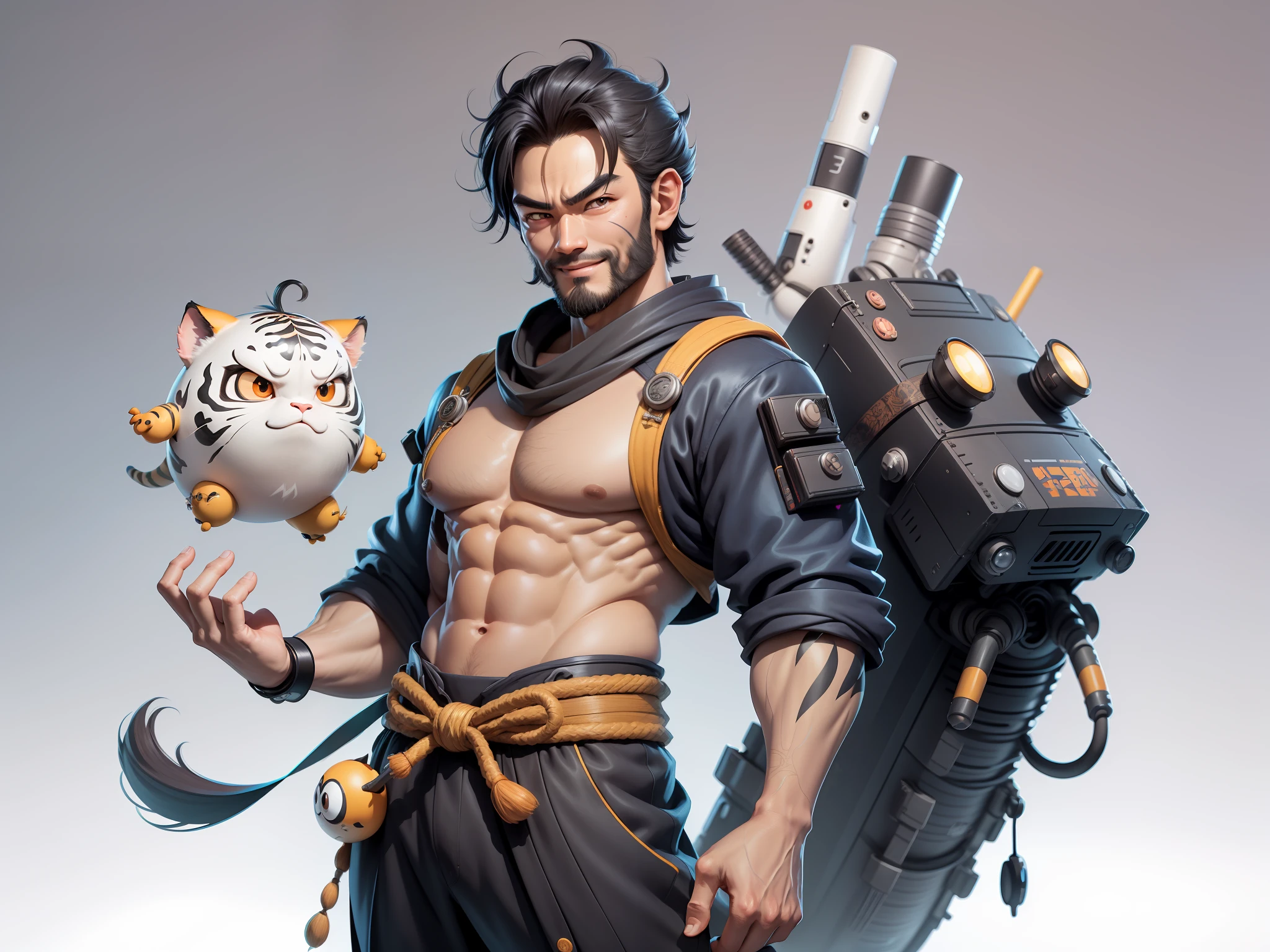 (Daisaku),(Need),(Super meticulous),(full bodyesbian:1.2),Super young man with Japanese geisha,Beautiful,orient,one tiger,Aeolian Thor,Raised sexy,爆乳,Oriental face,TV Anchor,Bust portrait illustration,In black suit,a blue tie,The face is slightly chubby,The face was clean,without a beard,Black super short hair,Black eyes,Smile confidently,3C computer sub-products,iPad, iphone,Digital painting,3D character design by Mark Clairen and Pixar and Hayao Miyazaki and Akira Toriyama,The illustration is a high-definition illustration in 4K resolution,With very detailed facial features and cartoon-style visuals。