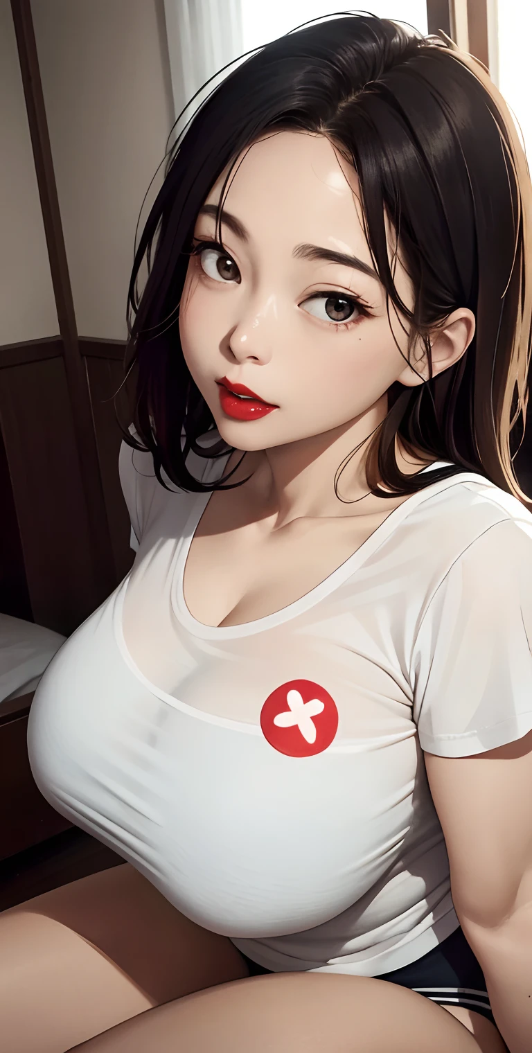 realisticlying、Two 45-year-old girls、Wearing a transparent T-shirt，Face enhancement，Chest super large zoom，Cleavage emphasis，Looking up from the bottom，Blushing，Red lips，A sexy，Bed sit，Open your mouth wide、Put your arms around the back of your head、Wearing underwear