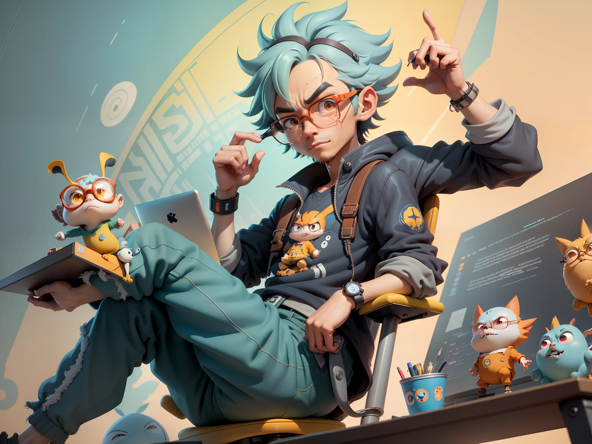 A young man with glasses sits at his desk,holding laptop,digitial painting,3D character design by Mark Clairen and Pixar and Hayao Miyazaki and Akira Toriyama,4K HD illustration,Very detailed facial features and cartoon-style visuals。