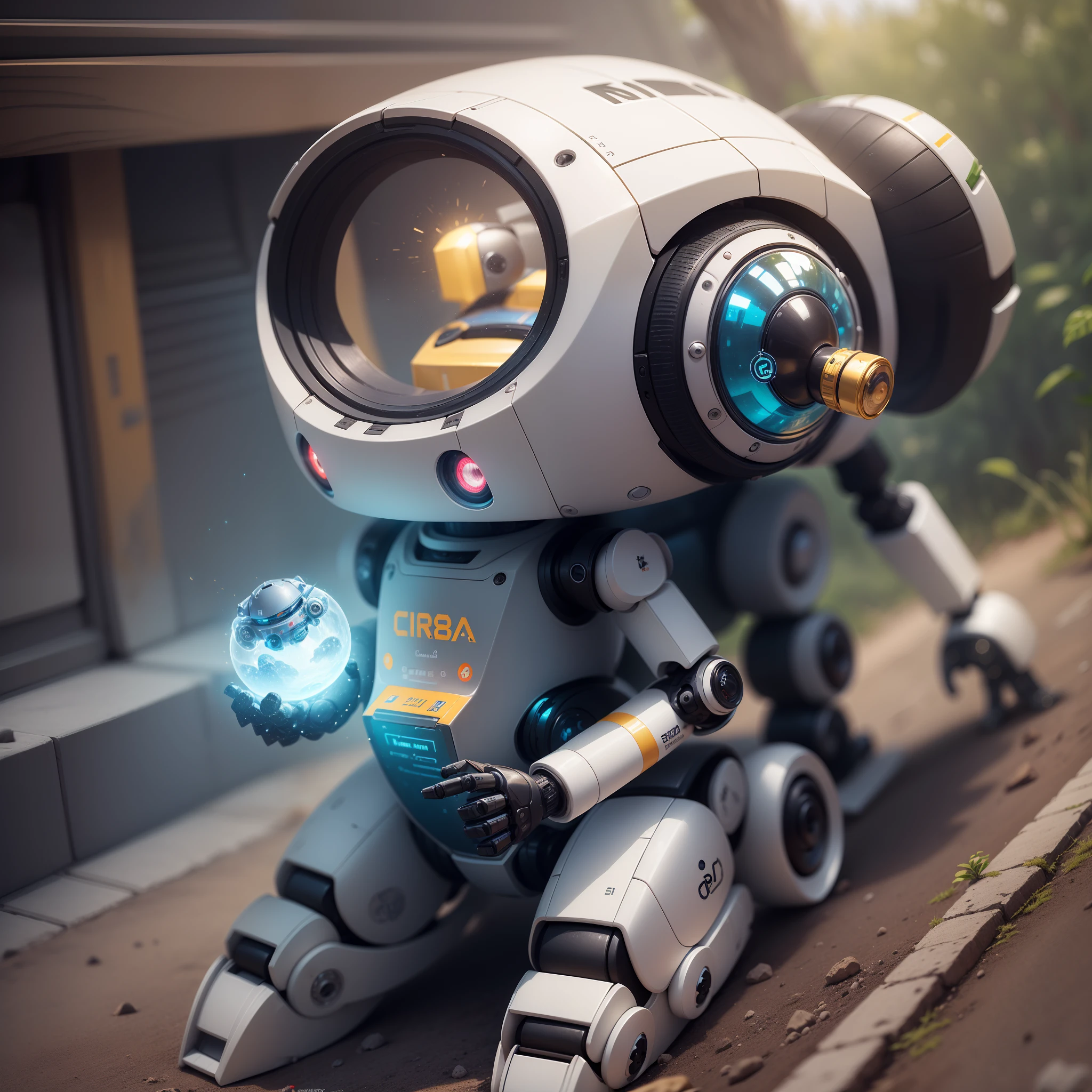 (Obra-prima), (melhor qualidade), (cria um logotipo para um canal de YouTube), (Small friendly robot), (bonito), (Escreve exatamente o texto: CuriosiBy), (ultra-detalhado), (realista), (qualidade 18k), (not an animal), (a robot)