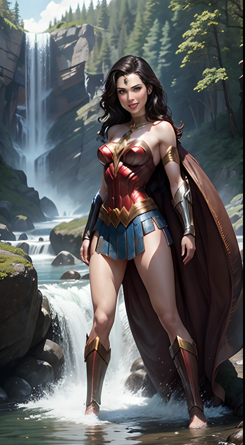 Gal Gadot, as Wonder woman, completely naked, beautiful, braided hair, large breasts, wide hips, smiling, bathing in a lake, upper body:1.3, breasts visible, butt visible, graceful, waterfall in background , back view, realistic, light effects, by Boris Vallejo, Frank frazetta, Louis royo