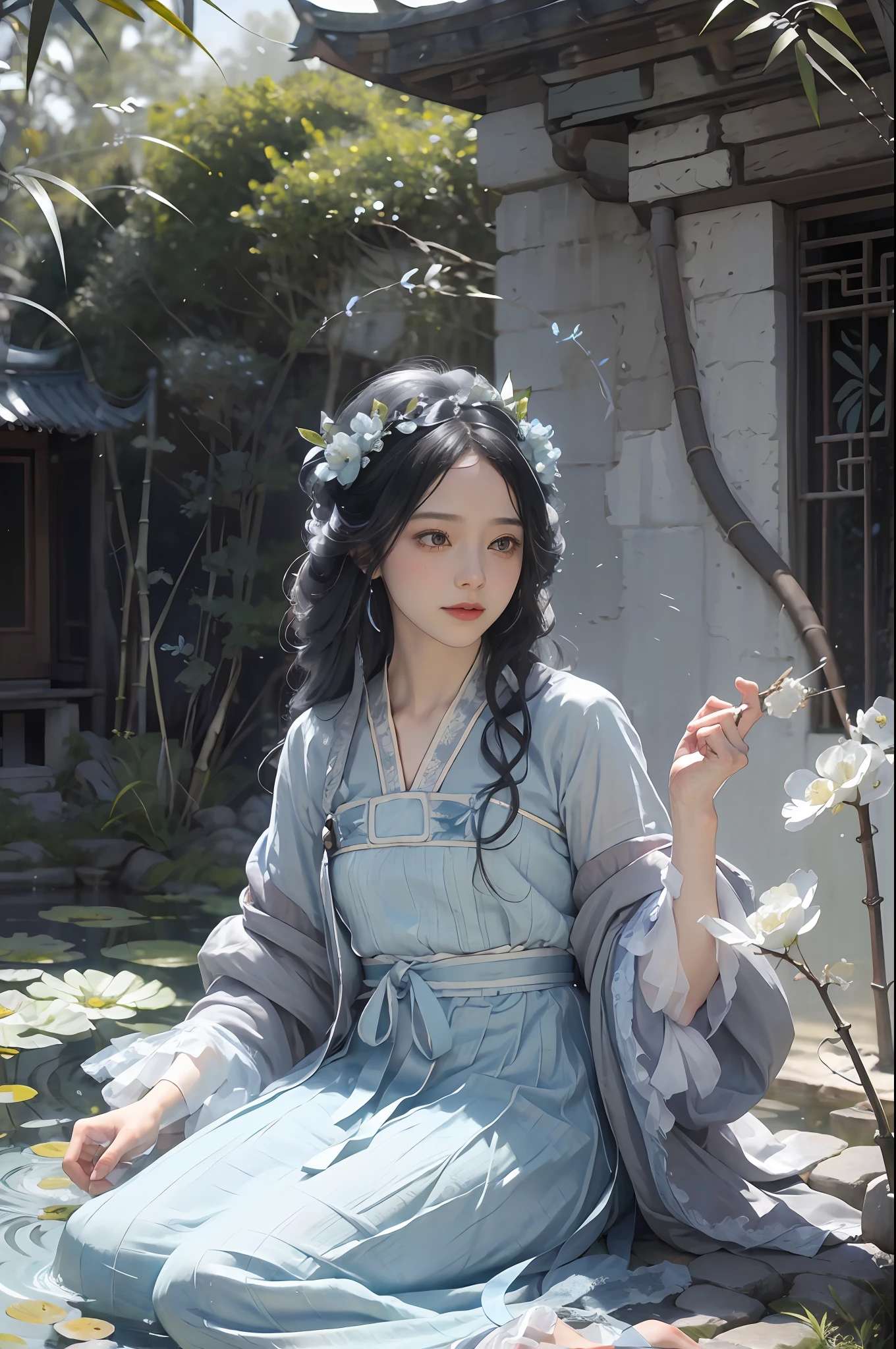 (Positive Focus), (In the Dark: 1 Girl), Surrealistic Female Portraits by David Hockney and Alphonse Mucha, Fantasy Art, Photo Realism, Dynamic Lighting, Art Station, Poster, Volumetric Lighting, Very Detailed Faces, 4K Wallpaper, Award-Winning , ,1 Girl, Blue Hanfu, Tulle Coat, Smiling Emoji, Long Black Hair, Light Blue Fringed Hair Ornament, White Ribbon, White Flower Bush, Light Blue Small Flowers, Light Blue Butterfly Flying, Sitting by the Pond, Reaching for Flowers, Red Carp, Hazy Mist, Chinese ancient building courtyard background, background bamboo, small bamboo, dramatic composition, movie light effects,