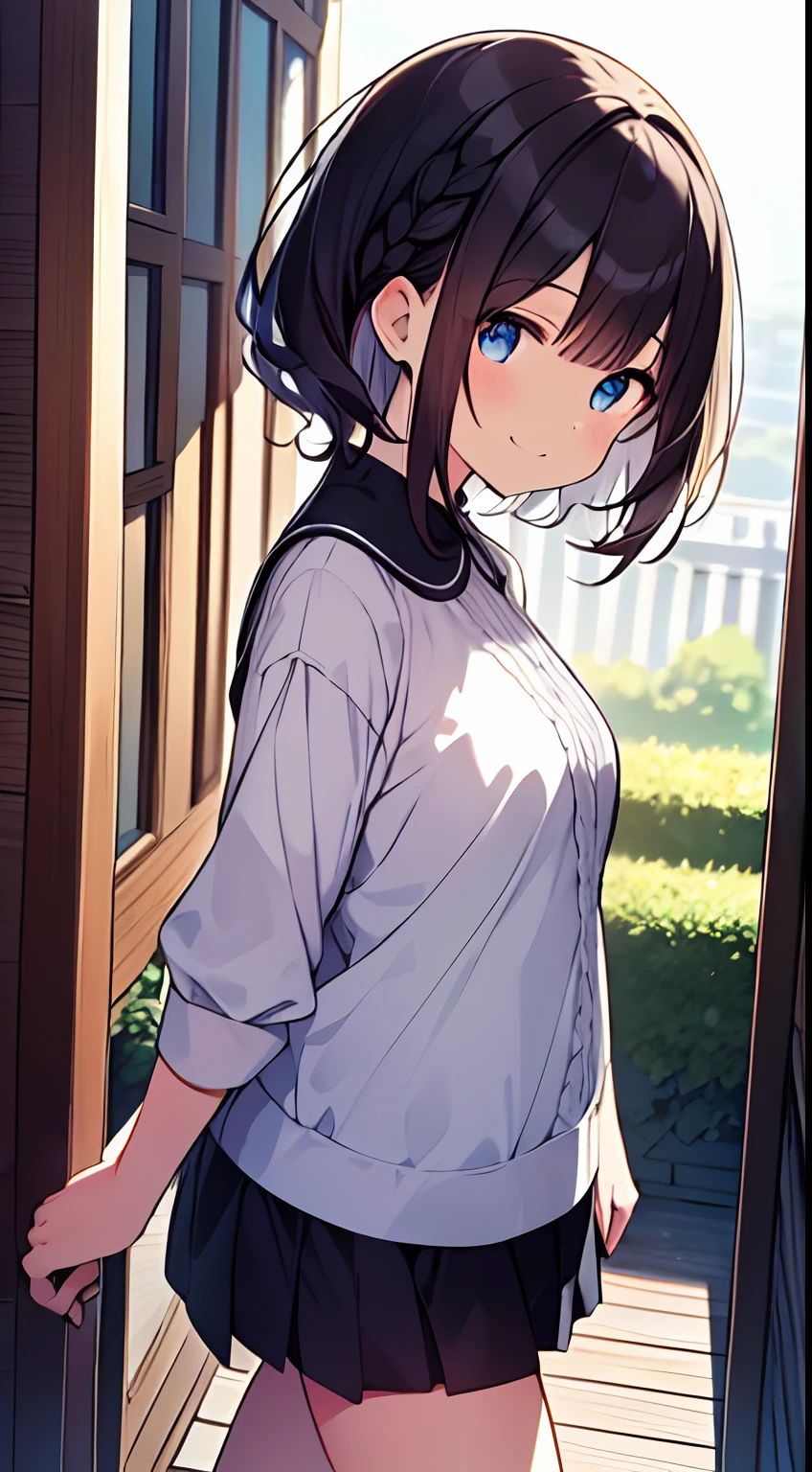 (top-quality、32K image quality、​masterpiece、nffsw:1.2)、a cute loli、Medium short hair、short braiding、beauitful face、Ultra-detailed details、(Slouched:1.3)、at the sunset、(With the dog)、crouching down、(From  above:1.3)、(a closeup:1.4)、small curvy loli、((You can see the chest))、Bust Up Perspective、Loose baggy big shirt、(beautiful nipple slips:0.9)、outside of house、the wind、shinny skin、blurry backround