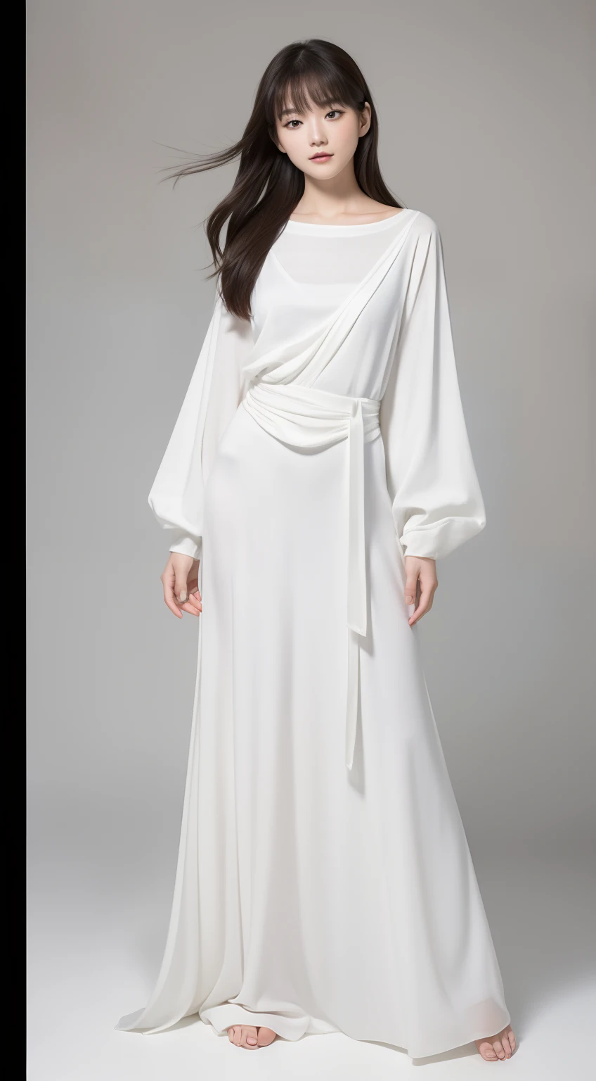 (Posing a full-body model: 1.5)(Detailed full-length RAW photos of women of lofty virtue), ((masutepiece, of the highest quality, High Definition)), 1 girl, (Photorealistic: 1.4), Solo, White background, with a pure white background,