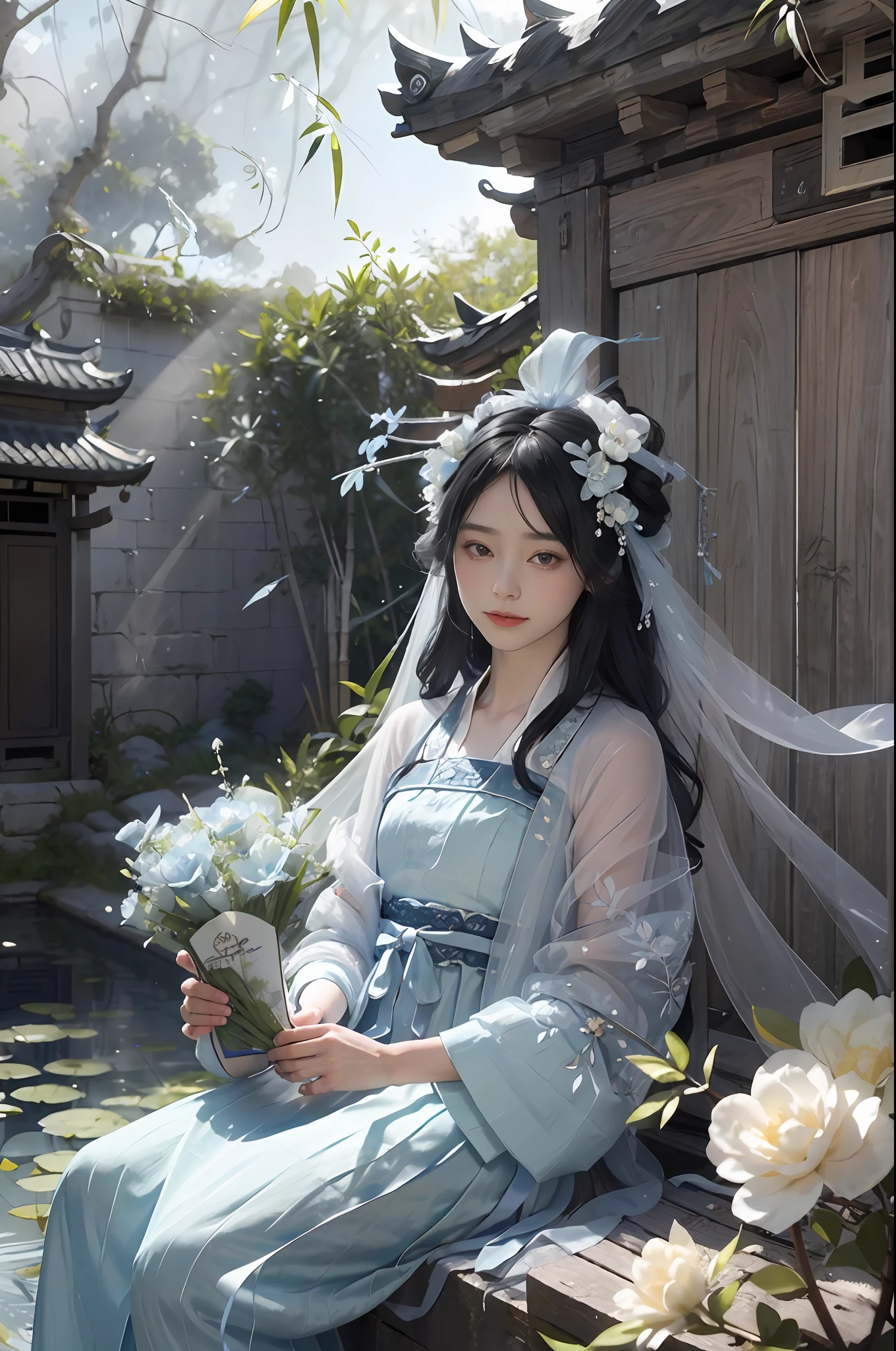 (Positive Focus), (In the Dark: 1 Girl), Surrealistic Female Portraits by David Hockney and Alphonse Mucha, Fantasy Art, Photo Realism, Dynamic Lighting, Art Station, Poster, Volumetric Lighting, Very Detailed Faces, 4K Wallpaper, Award-Winning , ,1 Girl, Blue Hanfu, Tulle Coat, Smiling Emoji, Long Black Hair, Light Blue Fringed Hair Ornament, White Ribbon, White Flower Bush, Light Blue Small Flowers, Light Blue Butterfly Flying, Sitting by the Pond, Reaching for Flowers, Red Carp, Hazy Mist, Chinese ancient building courtyard background, background bamboo, small bamboo, dramatic composition, movie light effects,