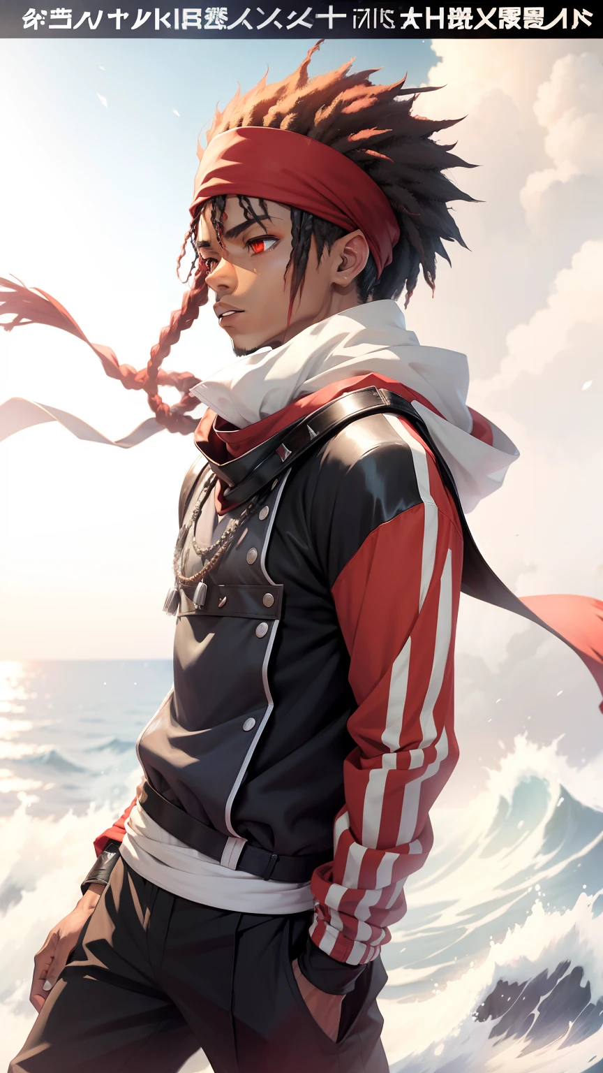 A light skinned mixed race African male with anime style spiked back hair, Red sleeves and hands in pockets, red sweat band with a black line and a white line on the sweat band, with a long white shinobi scarf flowing in the wind standing in a dream like world standing on water on an endless sea horizon with endless clouds floating above, red eyes, red anime style spiked hair bangs in the front over the forehead, highest photo realistic