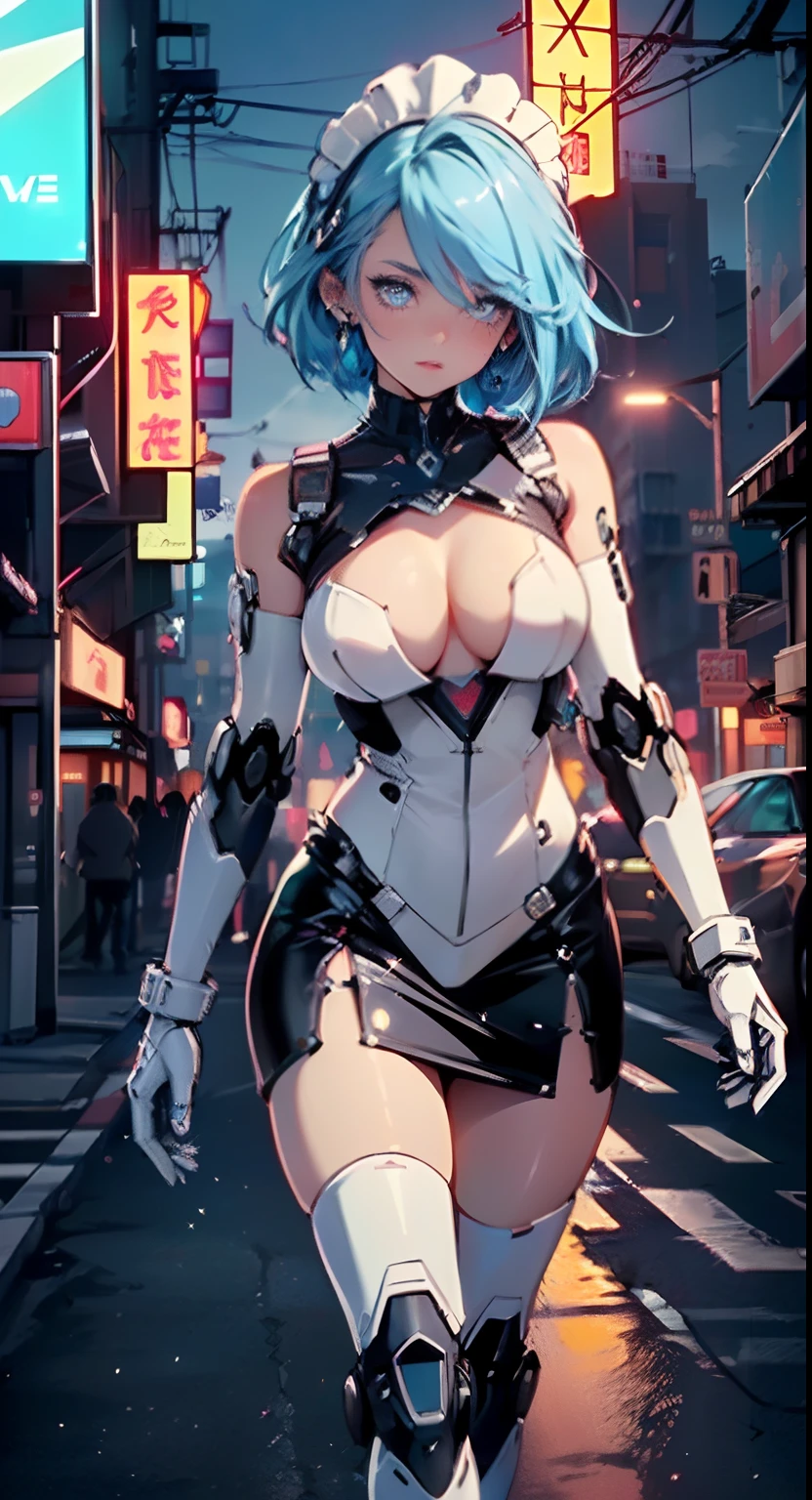 reelmech,cyborg girl,(cyborg girl:1.5),
maid android,(((1girl))),((anime mechanical robot girl with extremely cute and beautiful pale blue hair hair walking seductively down the street)),
(large breasts:1.4),saggy breasts,(((pale blue bob hair:1.35,colored inner hair,short hair,ear breathing))),(((doll))) ,((((pale blue eyes,pale white skin,doll joints,mechanical hands,silver armored dress,tesla coils,maid mechanical doll,Body of a machine,metallic skin,ball joint,no facial features,data in the eyes,cyborg, robotic parts, cable electric wires, microchip , elegant, robot)))),((blue eyes:1.3,upturned eyes:1.3,perfect eyes,beautiful detailed eyes,gradient eyes:1,finely detailed beautiful eyes:1,symmetrical eyes:1,big highlight on eyes:1.2)),((fat)),(((lustrous skin:1.5,bright skin: 1.5,skin tanned,shiny skin,very shiny skin,shiny body,plastic glitter skin,exaggerated shiny skin))),(spider lower abdomen,narrow waist,wide hip,detailed body,(detailed face)),(Mechanical joints: 1.4),(Mechanical limbs),
cute,slutty,seductive,erotic,(((nsfw))),
(maid headdress),bare_shoulders,delicate metal decorations,Headdress,(maid),sleeveless,miniskirt,boots,cleavage_cutout,bare_legs,(detailed outfit,detailed clothes),
(dynamic pose:1.0),solo focus,embarrassed,centered,scale to fit dimensions,Rule of thirds,
outdoors,((night view)),(very pretty city neon synthwave,cyberpunk night street Background:1.5,dark sky,thick clouds),future vehicles,((neon lights)),thick clouds,(cyberpunk style,neon lights, (synthwave theme background), lonely street),(((detailed background:1.25))),
(best quality),(high resolution),(sharp focus),(ultra detailed),(extremely detailed),(extremely high quality artwork),8k_wallpaper,(extremely detailed CG 8k),(very fine 8K CG),((hyper super ultra detailed perfect piece)),flawless,(((masterpiece))),illustration,vibrant colors,(intricate),High contrast,Selective lighting,Double exposure,HDR (High Dynamic Range),Post-processing,Background blur,