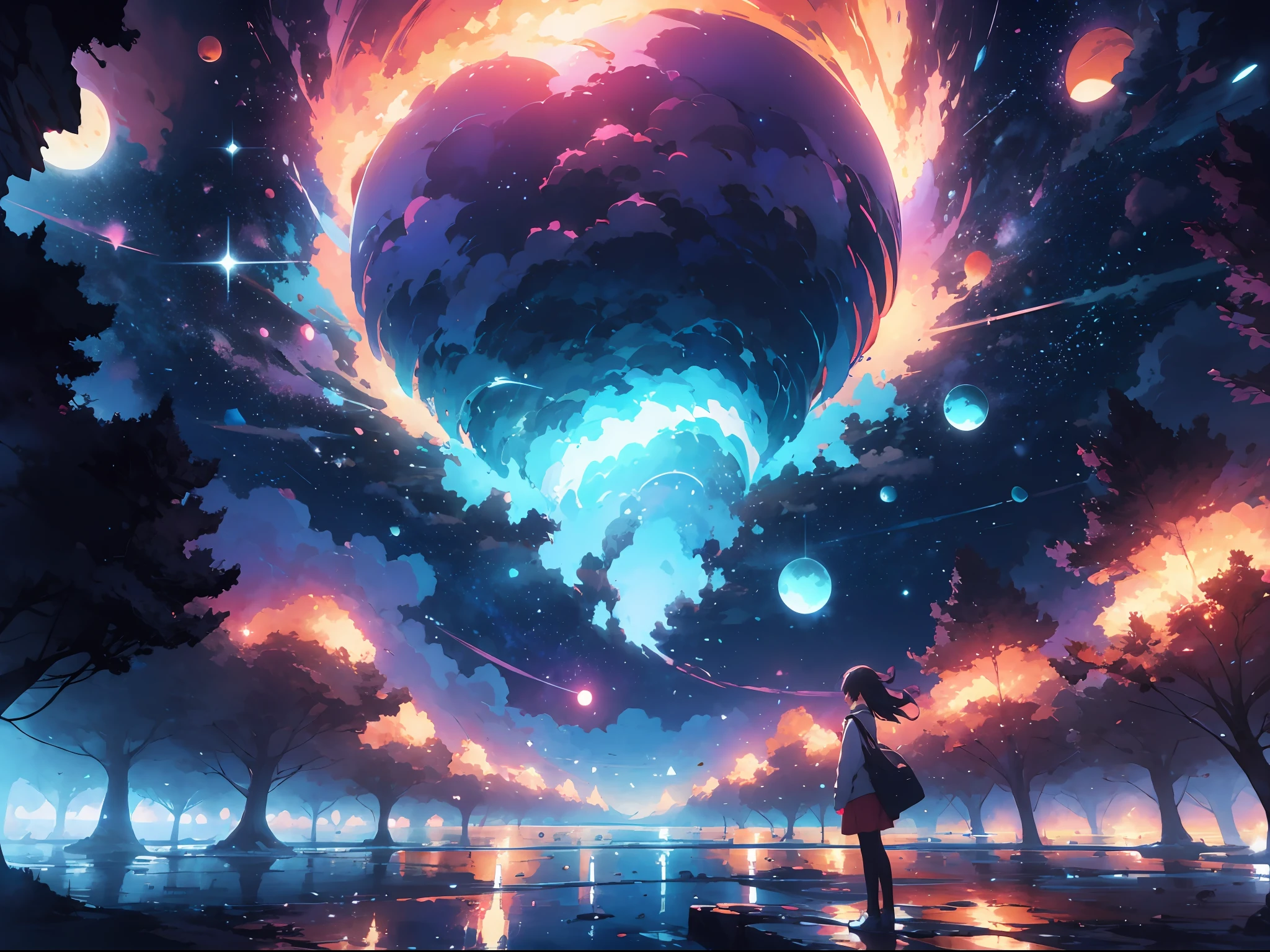 anime girl standing on a rock looking at a star filled night sky, makoto shinkai cyril rolando, anime art wallpaper 4k, anime art wallpaper 4 k, anime art wallpaper 8 k, by makoto shinkai, inspired by Cyril Rolando, in the style dan mumford artwork, amazing wallpaper, by Yuumei