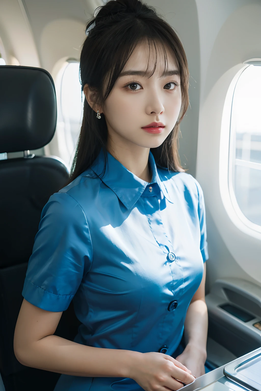 Masterpiece, Best_quality, High_quality, Ultra-detailed, A high resolution, Ultra photo realsisim, high resolution, High definition, photograph realistic, Sharp_Focus, Realistic, Looking_at_peeping at the viewer, Finely_Detailed_skin, Best_black shadows, 19_years_Old_Korean, pretty, mediating_Breasts, Slim_Body, small_glute, {{{{{Upper body NSFW}}}}}, {{{{{public_Hair}}}}}, {{{{{Blue_shirt}}}}}, {{{{{White_Silk_Skirt}}}}}, Blurry, Blurry_Background, 鎖骨, Inside the plane, Flight attendants, Korean Air, collared_shirt, Depth_af_Field, Earrings, Ground_vehicle, Hair_Bun, Indoors, jewelry, Lips, lipstick, uniform, Blue_short- sleeved_Korean Air_uniform, Cabin Crew,