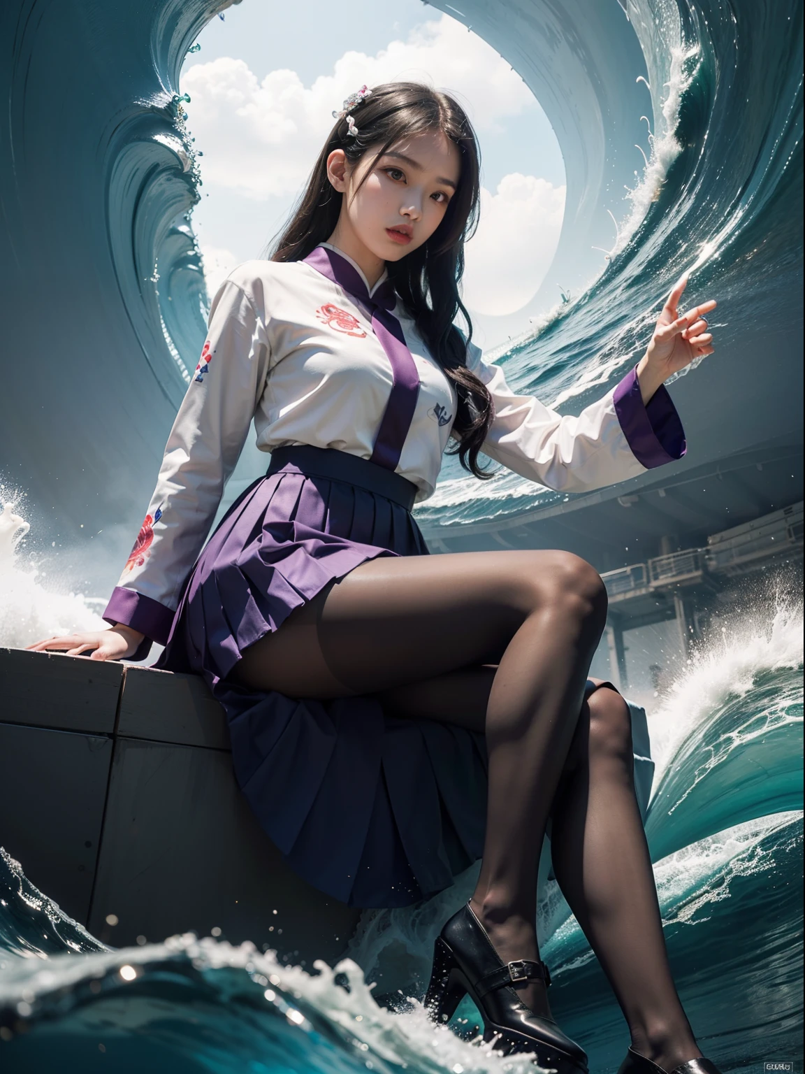 (full body:1.5),(1girl:1.3),(view the viewer:1.4),(anatomy correct:1.45),(Sitting under the huge waves and dancing:1.3),(very thick printed pantyhose:1.4),( Chinese woman Wear printed fantasy Japanese style JK student uniform pleated skirt and uniform pointed high-heeled leather shoes :1.35), (Light particle effect:1.3),(In pink | amarelo | blue colors| green color |red color | white colors| black in color| purplish color| greys| Beige| Flesh color 1.4),(Glowing eyes:1.3),(Large amplitude action: 1.3),(Accurate and perfect face:1.4),hyper HD, Ray traching, reflective light,structurally correct, Award-Awarded, high detail, lighten shade contrast, Face lighting,cinmatic lighting, tmasterpiece, super detailing, high quality, high detail, best quality, 16k,High contrast,