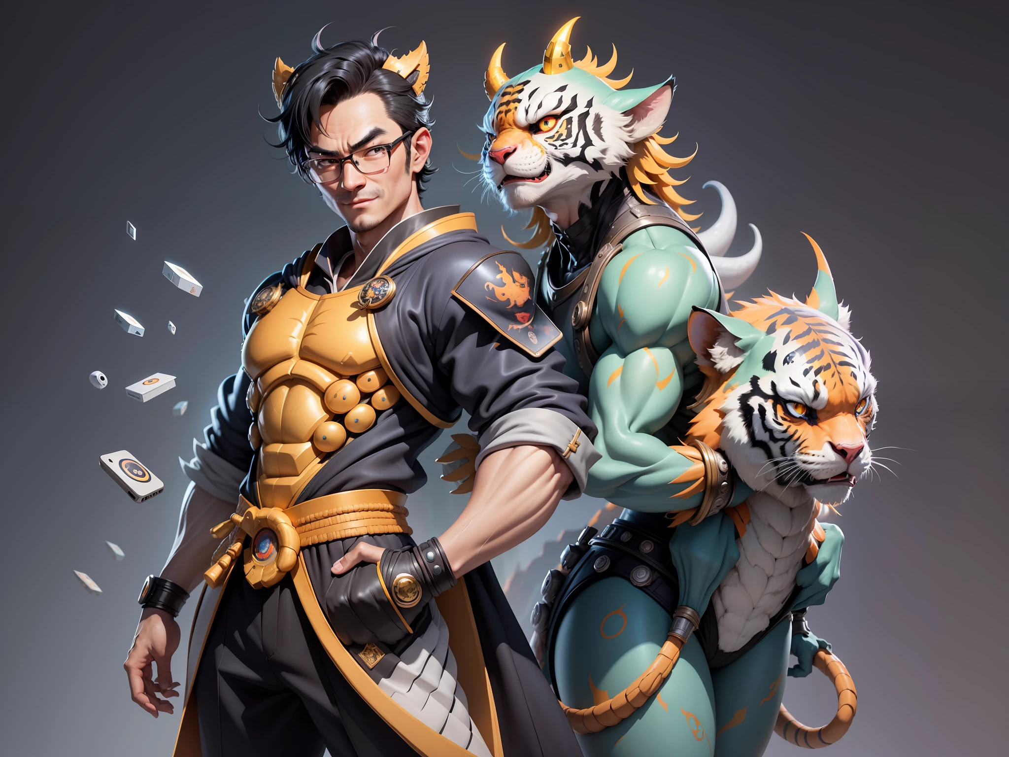 (Masterpiece), (Excellent), (Super Meticulous), (Full Body: 1.2), Super Young Man with Japanese Female Geisha, Pretty, Beautiful, Chinese Dragon, Tiger, Wind God Thor, Sexy, Bursting, Oriental Face, TV Anchor, Bust Portrait Illustration, Black Suit, Blue Tie, Slightly Chubby Face, Silver Glasses, Very Clean Face, No Beard on Chin, Black Super Short Hair, Black Eyes, Confident Smile, 3c Computer Sub-Products, iPad, iPhone, Digital Painting, 3D character design by Mark Clairedon and Pixar and Hayao Miyazaki and Akira Toriyama, the illustrations are HD illustrations in 4K resolution with highly detailed facial features and cartoon-style visuals.