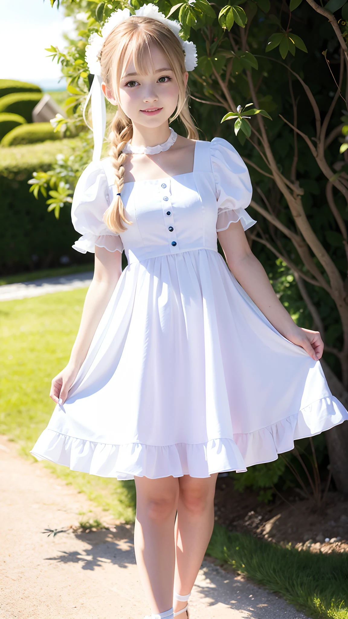 (ultra-detailliert), White cute princess dress,(frilly dress),(shortsleeves),Blue eyes,Lovely smile,facing front, age19, teens girl,no tail,(no tail),2D, masterpiece, top-quality, animesque, A detailed eye, A detailed face, girl with, Only 1 person,Blonde medium hair, (a blond), Ear Hair, small tits, Single braid, (Single braid), (Side braid), Pink ribbon, Ribbon around the neck, (White sleeves), Standing by the seaside,