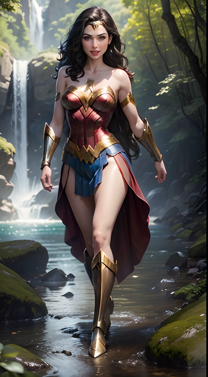 Gal Gadot as a beautiful wonderwoman, busty, completely naked, dark brown flowing hair, smiling, bathing under a waterfall, in a forest, rear view, naked butt visible, mountains in background, full body image, graceful