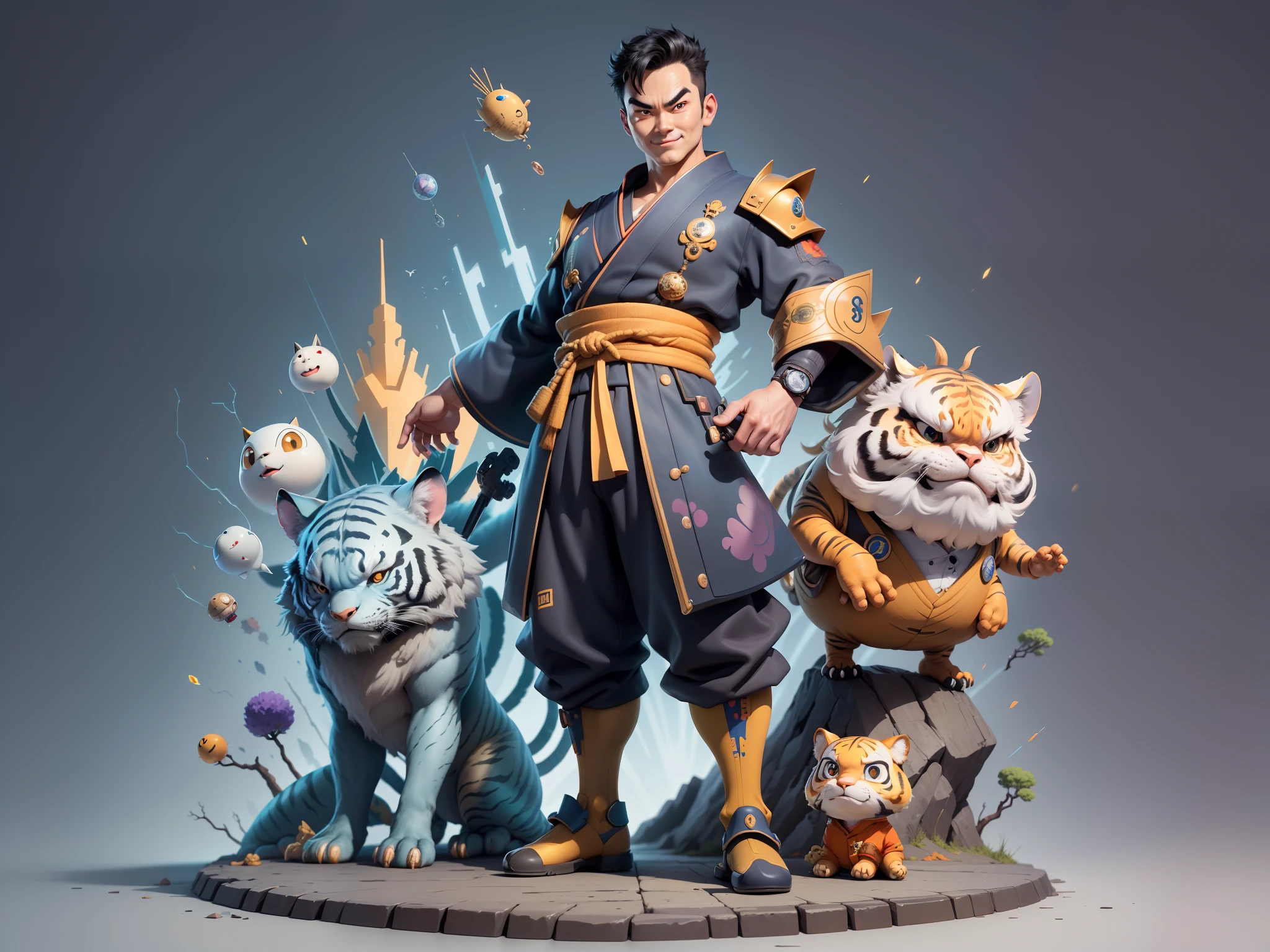 (Masterpiece), (Excellent), (Super Meticulous), (Full Body: 1.2), Super Young Man, Oriental Face, Japanese Kimono, Japanese Wind Thunder God, Dragon, Tiger, TV Anchor, Bust Portrait Illustration, Alone, Black Suit, Blue Tie, Slightly Chubby Face, Very Clean Face, No Beard, Black Super Short Hair, Black Eyes, Confident Smile, 3c Computer Sub-Products, iPad, iPhone, Digital Painting, 3D Character Design by Akira Toriyama and Mark Claireden and Pixar and Hayao Miyazaki, The illustration is a high-definition illustration in 4K resolution with very detailed facial features and cartoon-style visuals.