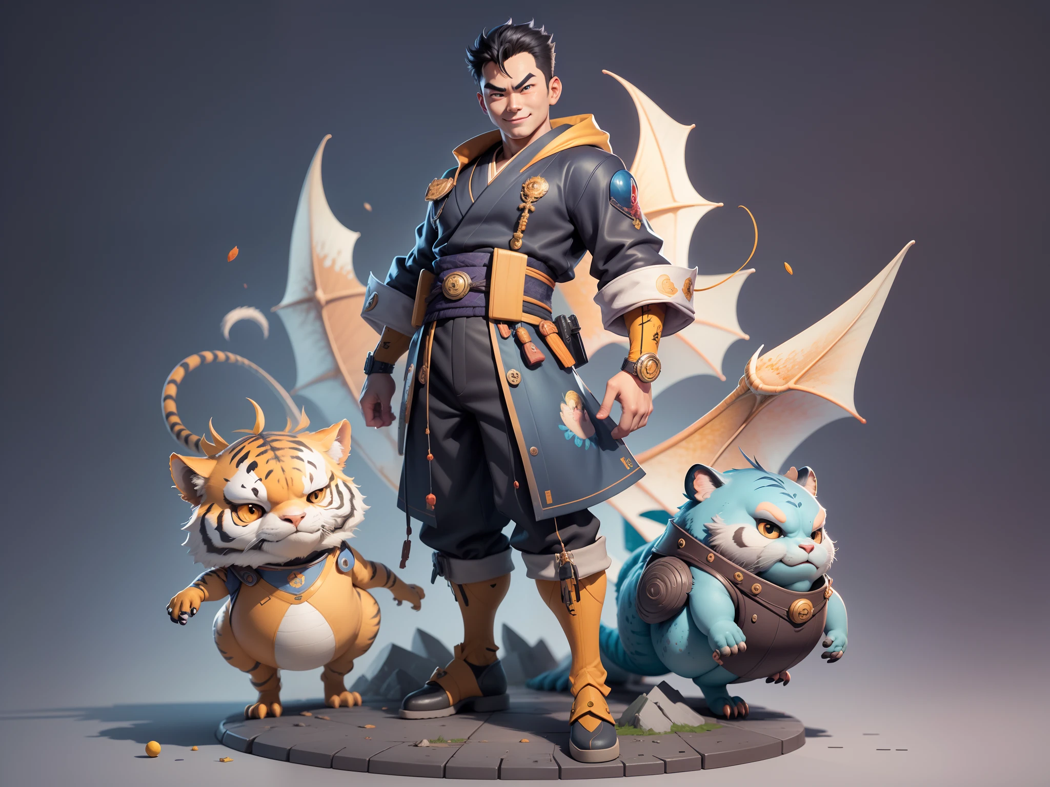 Young man with oriental face in leather hat, dragon, formal suit, short black hair, silver glasses, digital painting, 3D character design by Mark Clairedon and Pixar and Hayao Miyazaki and Akira Toriyama, the illustration is a high-definition illustration in 4K resolution with very detailed facial features and cartoon-style visuals.