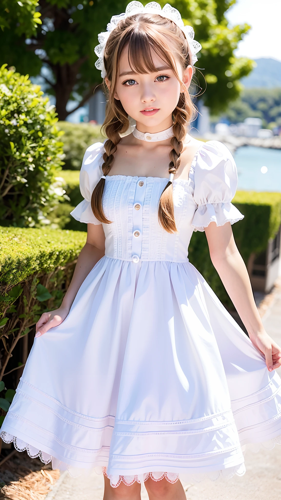 (ultra-detailliert), White cute princess dress,(frilly dress),(shortsleeves),Blue eyes,Lovely smile,facing front, age19, teens girl,no tail,(no tail),2D, masterpiece, top-quality, animesque, A detailed eye, A detailed face, girl with, Only 1 person,Blonde medium hair, (a blond), Ear Hair, small tits, Single braid, (Single braid), (Side braid), Pink ribbon, Ribbon around the neck, (White sleeves), Standing by the seaside,